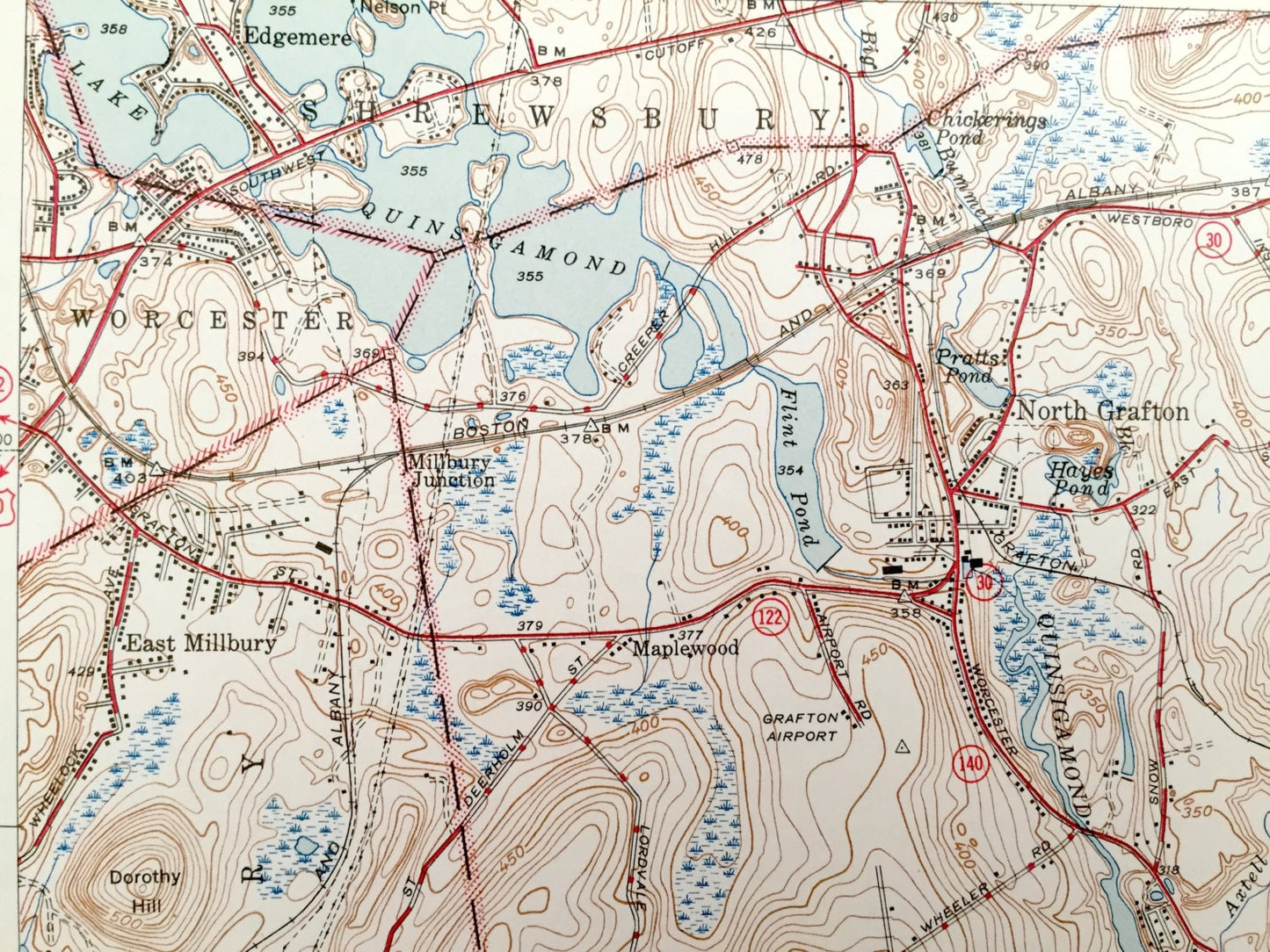 Antique Grafton, Massachusetts 1944 US Geological Survey Topographic Map – Worcester, Westborough, Quinsigamond, Northbridge, Shrewsbury, MA