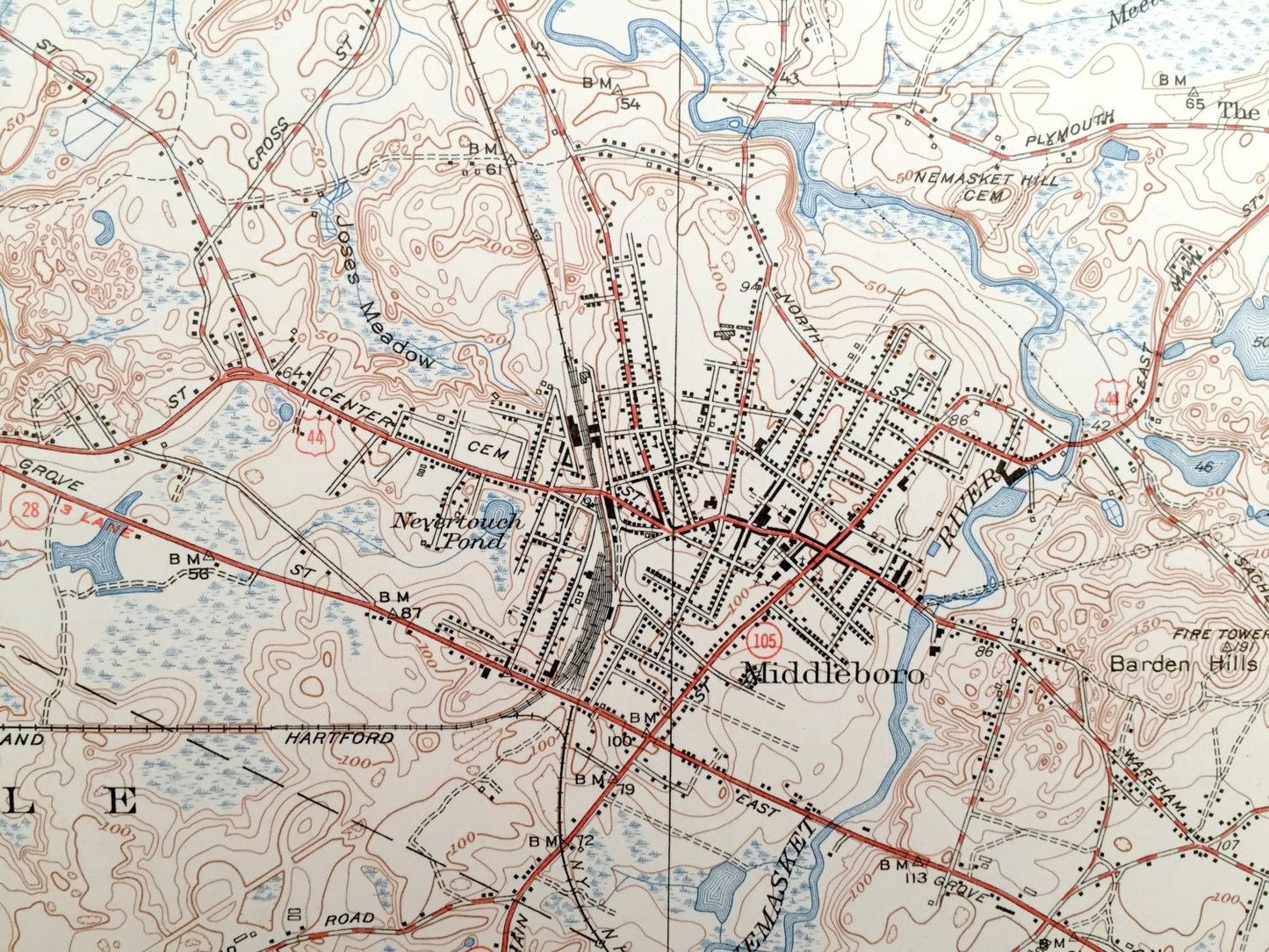 Antique Bridgewater, Massachusetts 1940 US Geological Survey Topographic Map – Middleboro, Halifax, Middleborough, Warrentown, Nemasket, MA