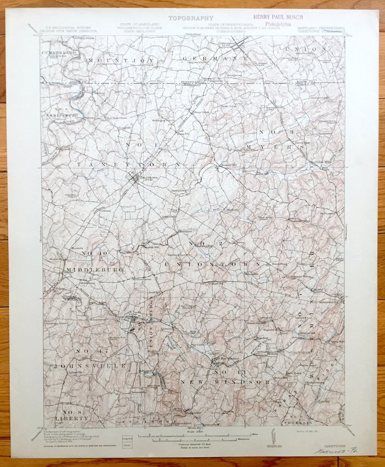 Antique Taneytown, Maryland 1911 US Geological Survey Topographic Map – Carroll, Frederick County, Union Bridge, Westminster, Adams, MD