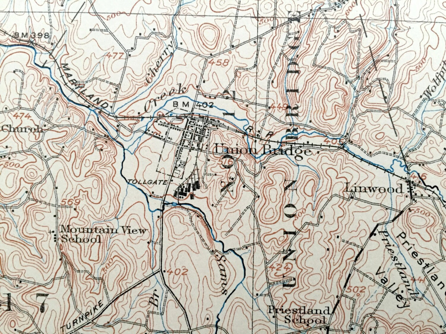 Antique Taneytown, Maryland 1911 US Geological Survey Topographic Map – Carroll, Frederick County, Union Bridge, Westminster, Adams, MD
