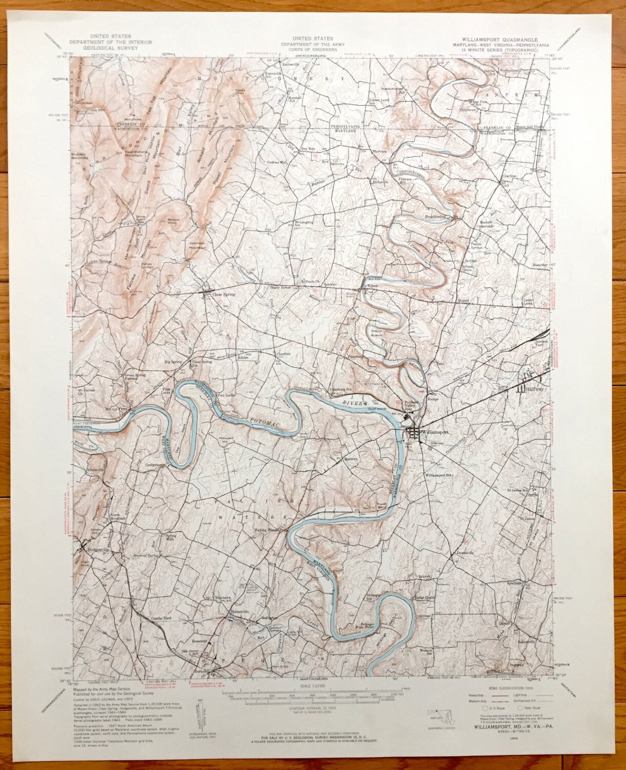 Antique Williamsport, Maryland 1944 US Geological Survey Topographic Map – Halfway, Clear Spring, Hedgesville West Virginia Potomac River MD