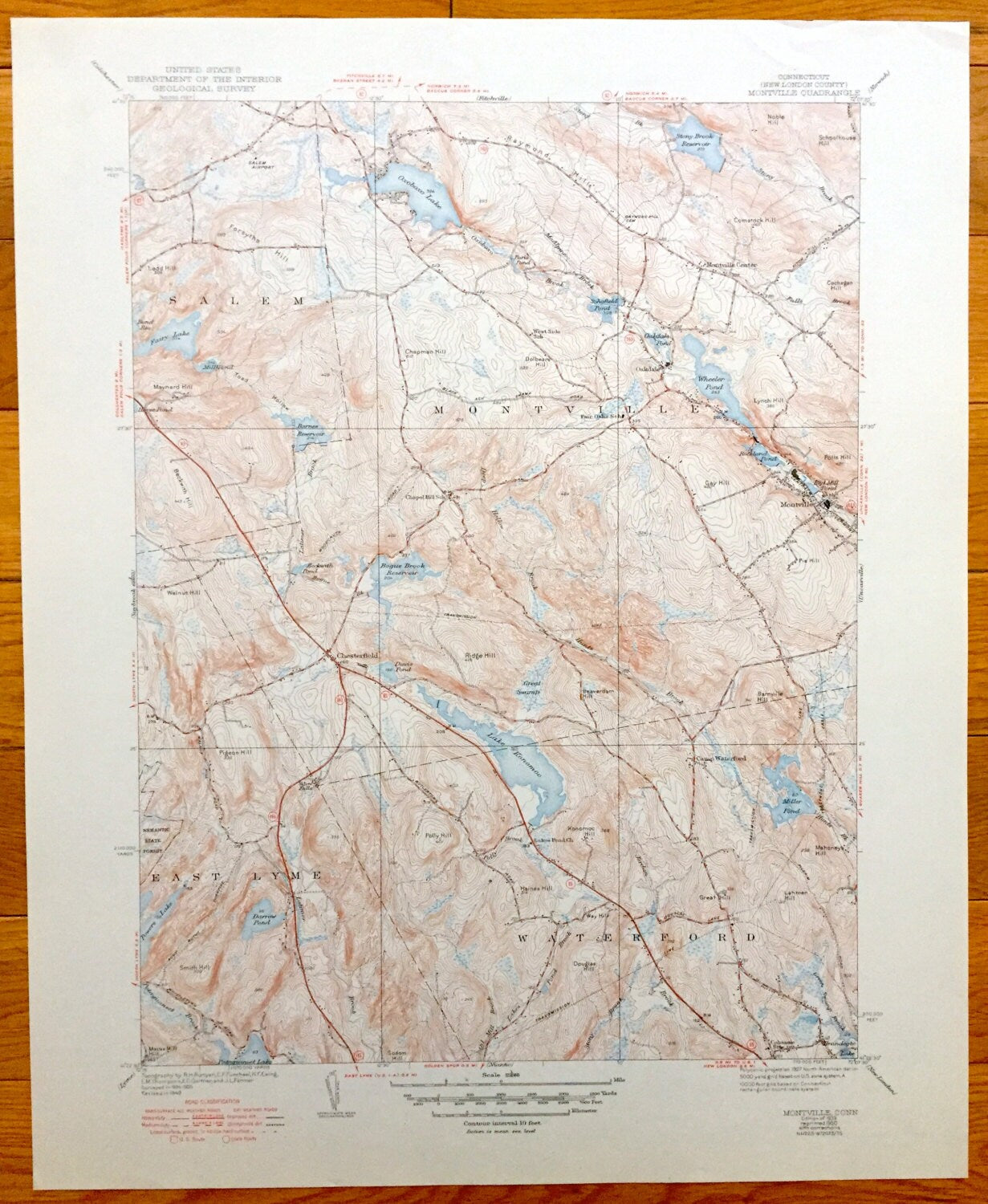 Antique Montville, Connecticut 1939 US Geological Survey Topographic Map – Salem, East Lyme, Waterford, Chesterfield, New London County, CT