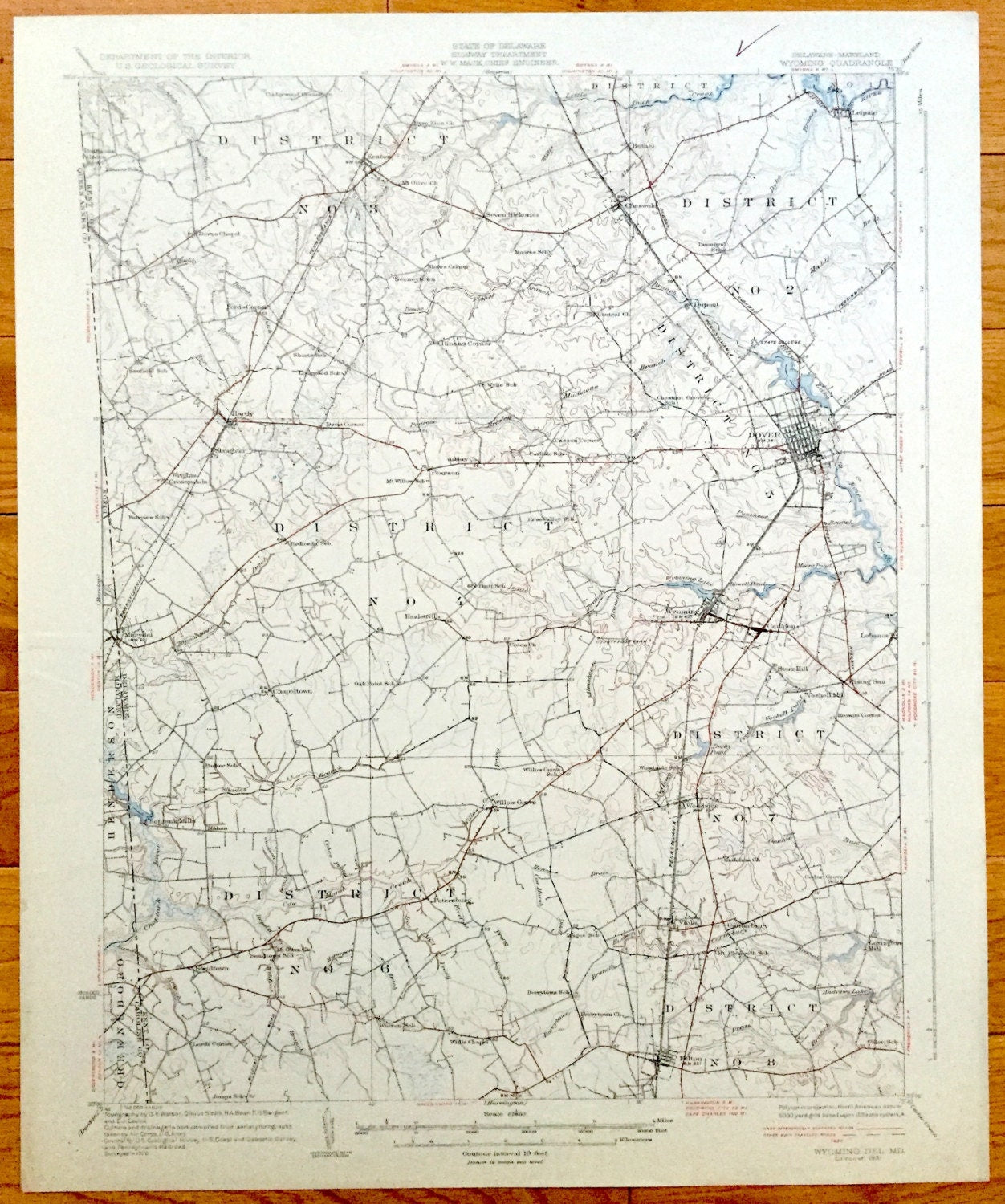 Antique Dover, Delaware 1931 US Geological Survey Topographic Map – Wyoming, Chapletown, Marydel, Person, Hartly, Kenton, Dupont, DE MD