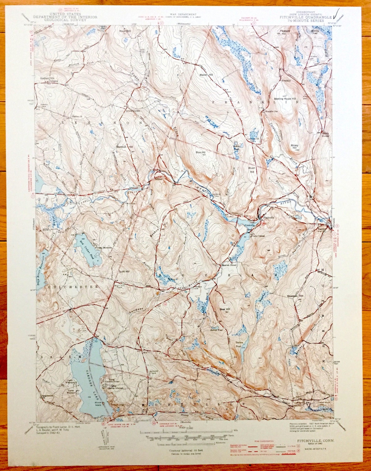 Antique Fitchville, Connecticut 1943 US Geological Survey Topographic Map – Colchester, Lebanon, Franklin, Bozrah, Salem, Yantic River, CT