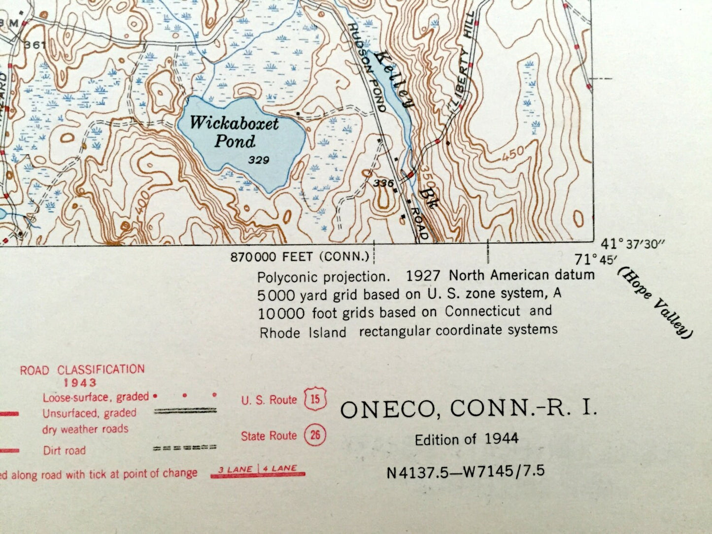 Antique Oneco, Connecticut 1944 US Geological Survey Topographic Map – Sterling, Voluntown, Almyville, Plainfield, Coventry, Rhode Island CT