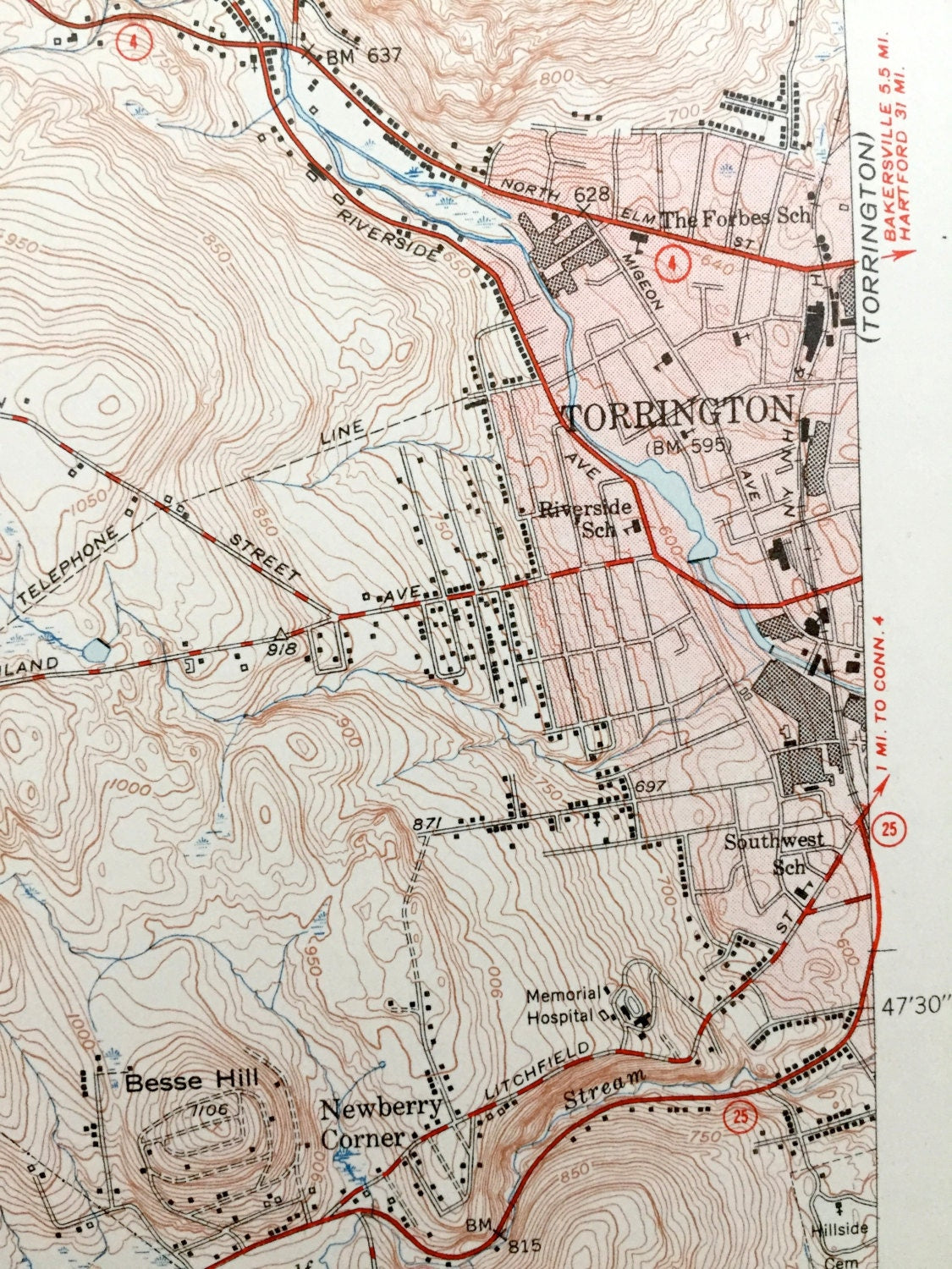 Antique Torrington, Connecticut 1945 US Geological Survey Topographic Map – Litchfield, Goshen, Winchester, Newfield, Wrightville, Forbes CT