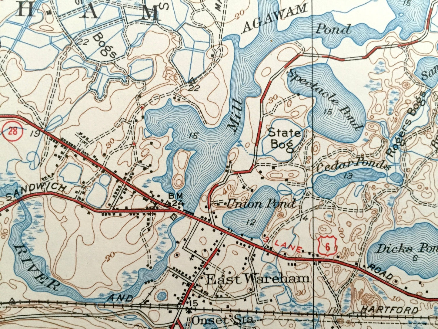 Antique Wareham, Massachusetts 1939 US Geological Survey Topographic Map – Carver, Plymouth, Oakdale, Bourne, Myles Standish, County, MA