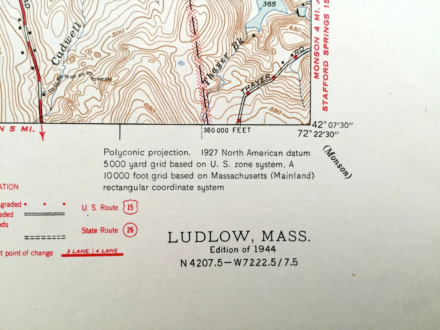 Antique Ludlow, Massachusetts 1944 US Geological Survey Topographic Map – Hampden, Hampshire County, Granby, Belchertown, Palmer, Monson, MA