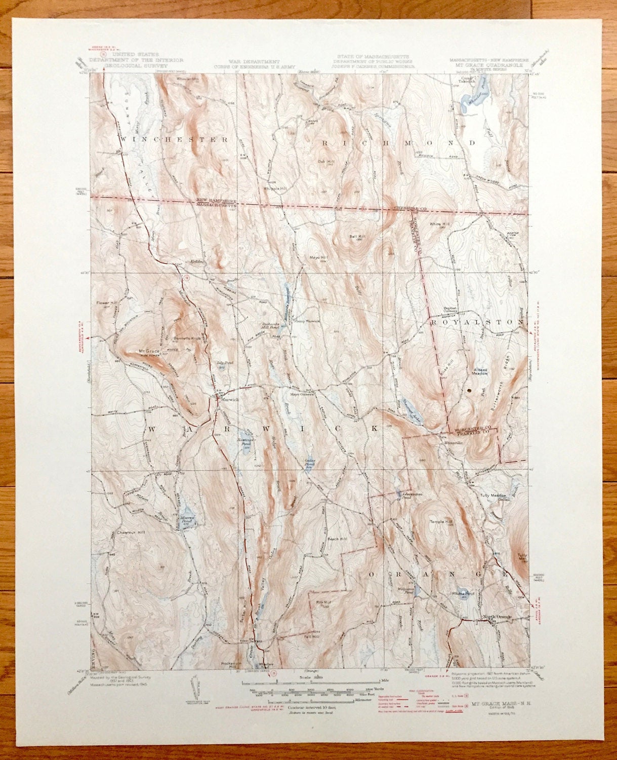 Antique Mt Grace, Massachusetts 1946 US Geological Survey Topographic Map – Orange, Warwick Royalton Winchester Richmond New Hampshire MA NH