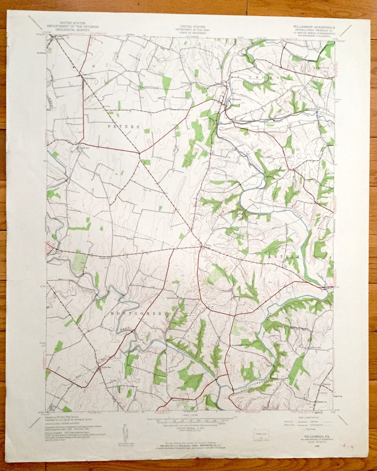 Antique Williamson, Pennsylvania 1944 US Geological Survey Topographic Map – Montgomery, Antrim, Peters, St Thomas, Hamilton, Lemasters