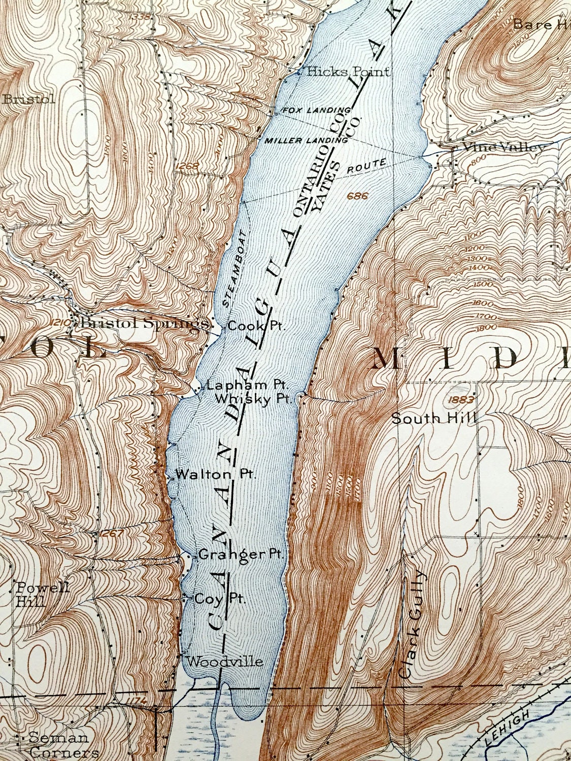 Antique Naples, New York 1903 US Geological Survey Topographic Map – Canandaigua Lake, Finger Lakes, Middlesex, Cohocton, South Bristol, NY