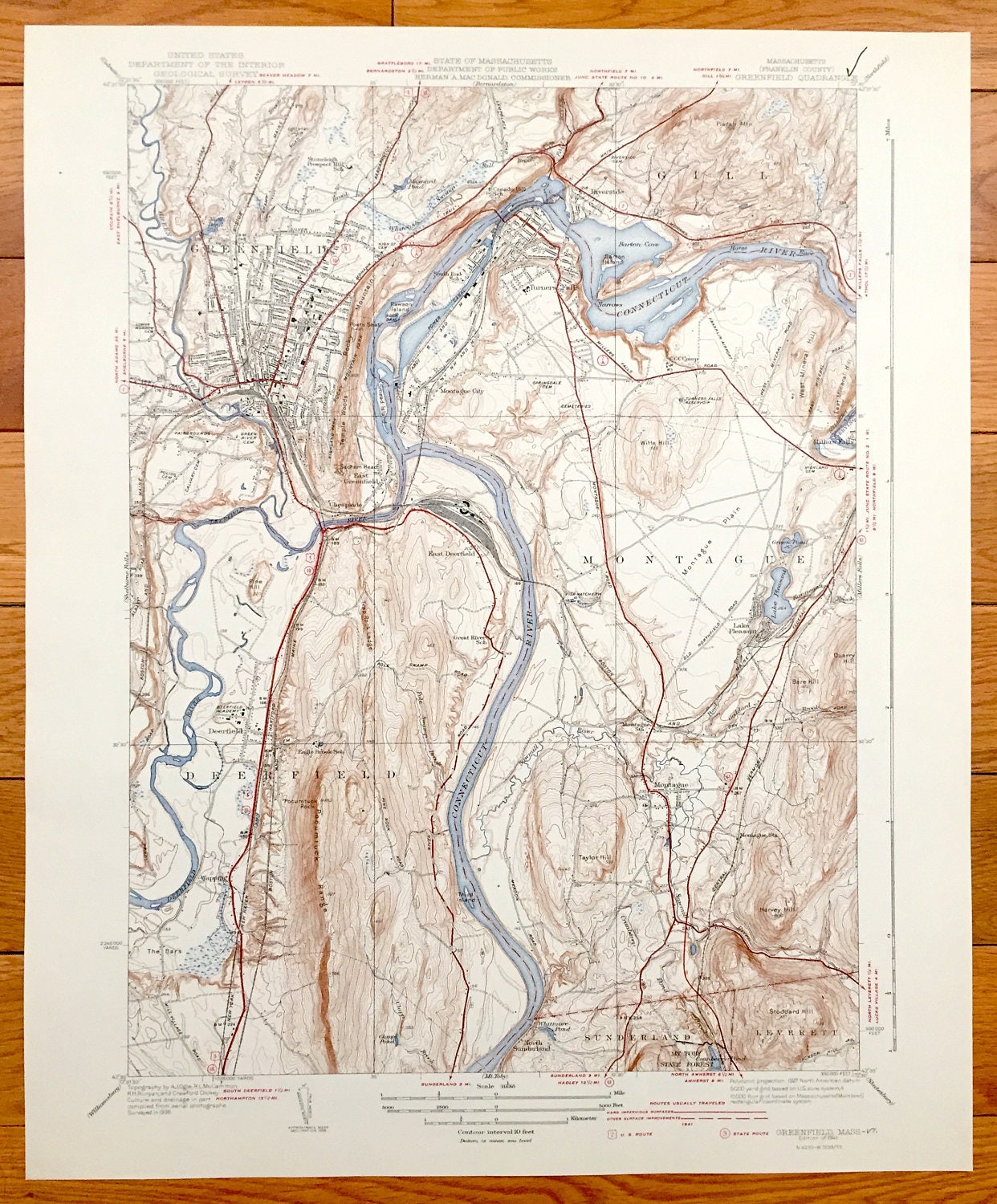 Antique Greenfield, Massachusetts 1941 US Geological Survey Topographic Map – Montague, Turners Falls, Deerfield, Sunderland Gill Wapping MA