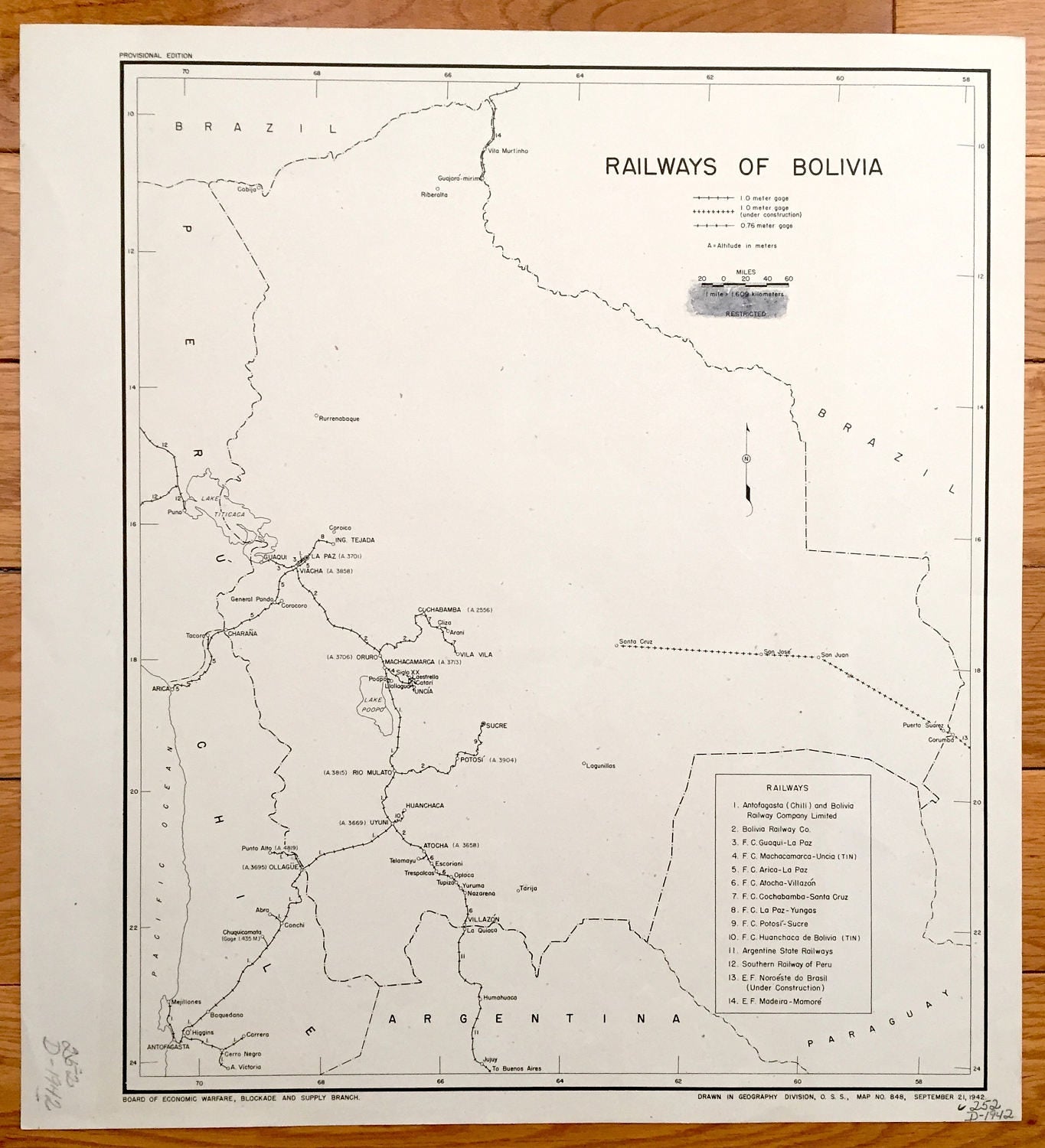 Antique Bolivia 1942 Railroads Map – US Board of Economic Warfare – Antofagasta, Villazon, Huanchaca, Uncia, Lake Poopo, Lake Titicaca
