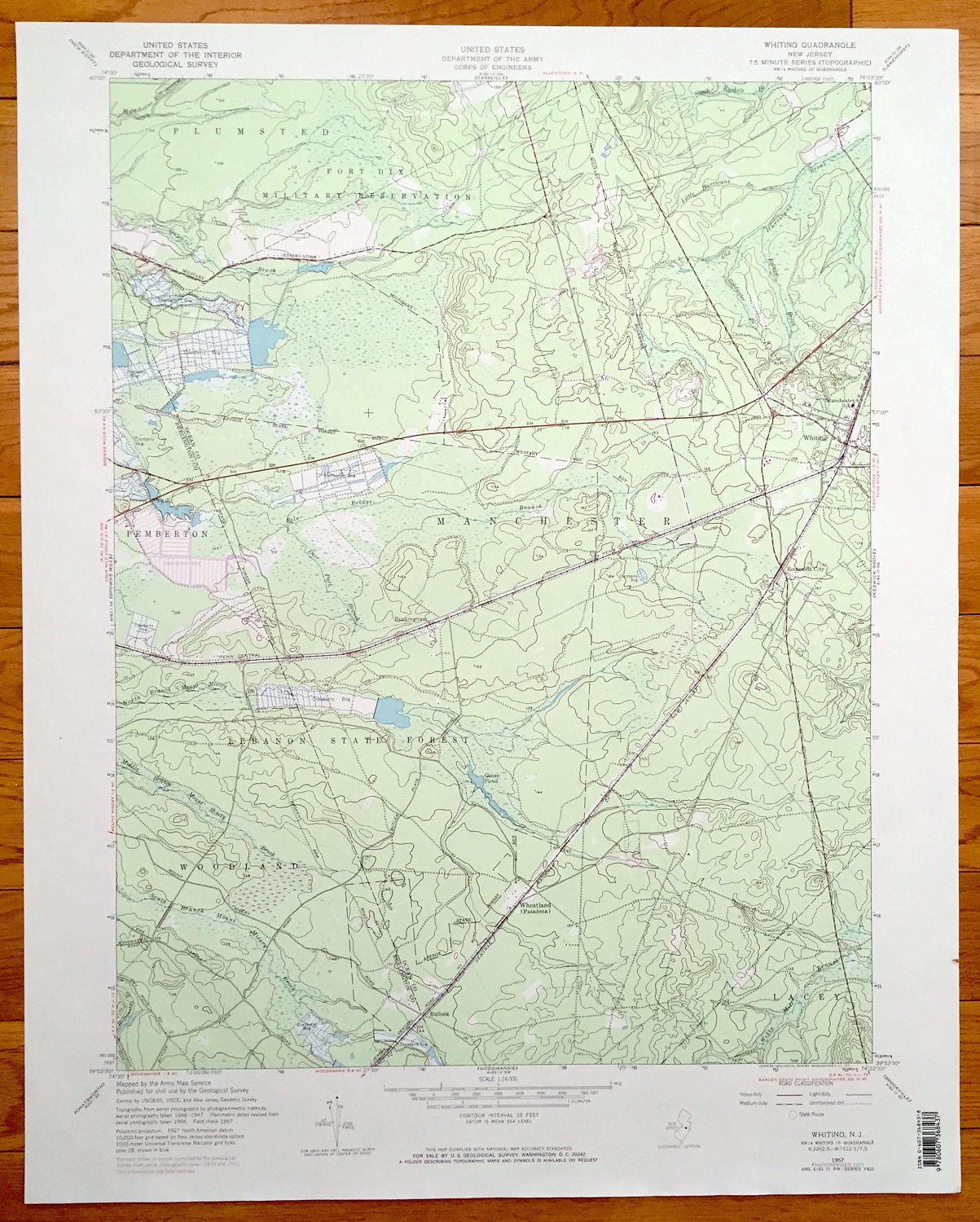 Antique Whiting, New Jersey 1957 US Geological Survey Topographic Map – Plumstead, Pemberton, Woodland, Fort Dix, Manchester, Wheatland, NJ