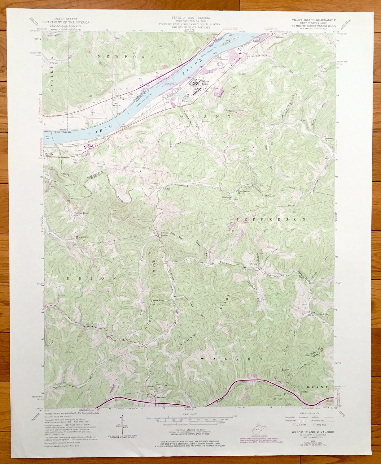Antique Willow Island, West Virginia & Newport, Ohio 1957 US Geological Survey Topographic Map – Jefferson, Walker, Union, Grant, Marietta