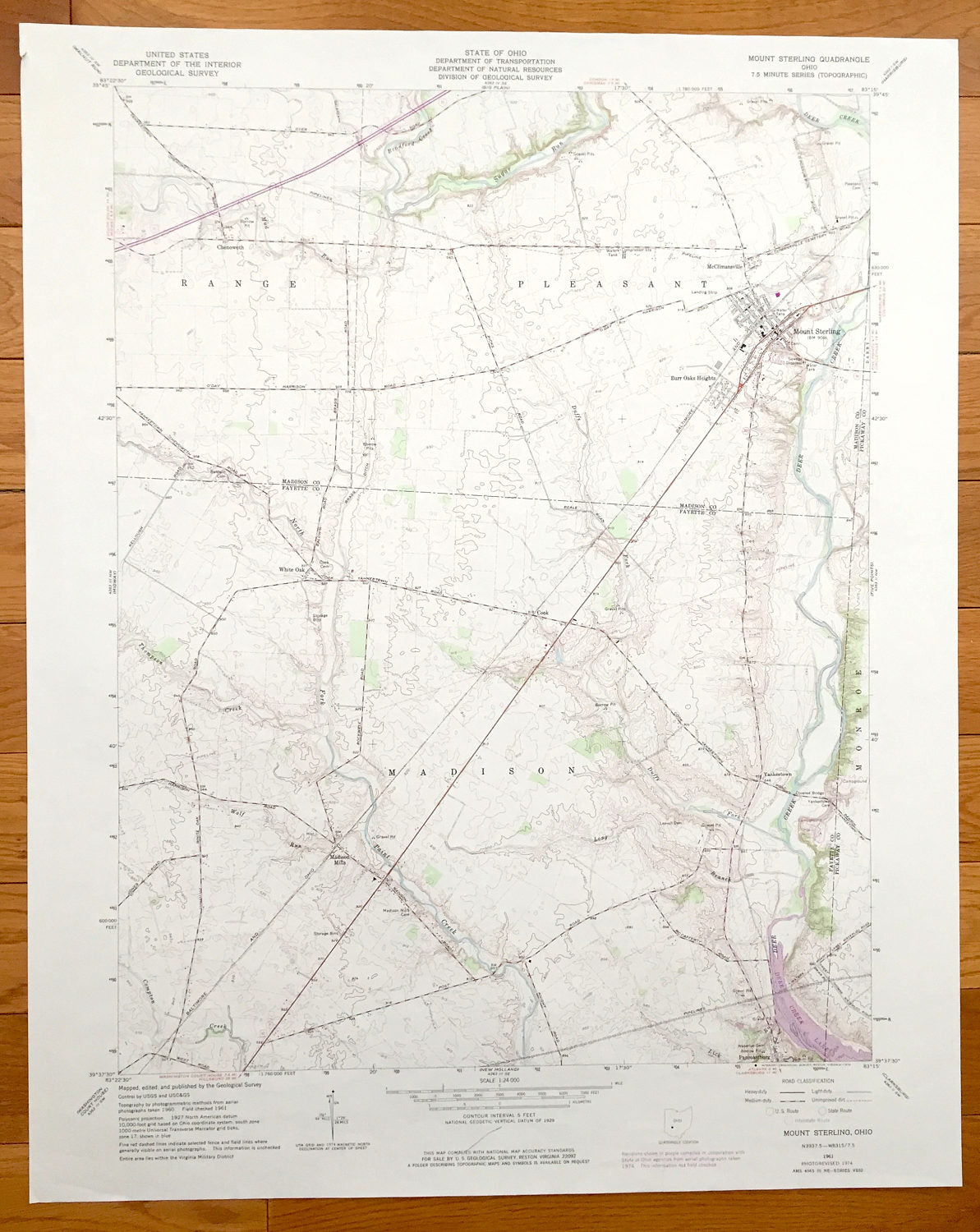 Antique Mount Sterling Ohio 1961 US Geological Survey Topographic Map – Pleasant, Range, Madison, White Oak, Madison Mills, Pancoastburg