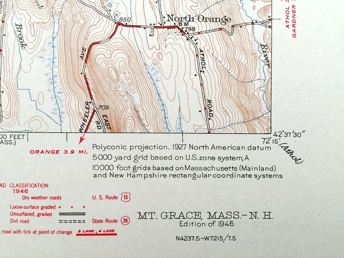 Antique Mt Grace, Massachusetts 1946 US Geological Survey Topographic Map – Orange, Warwick Royalton Winchester Richmond New Hampshire MA NH