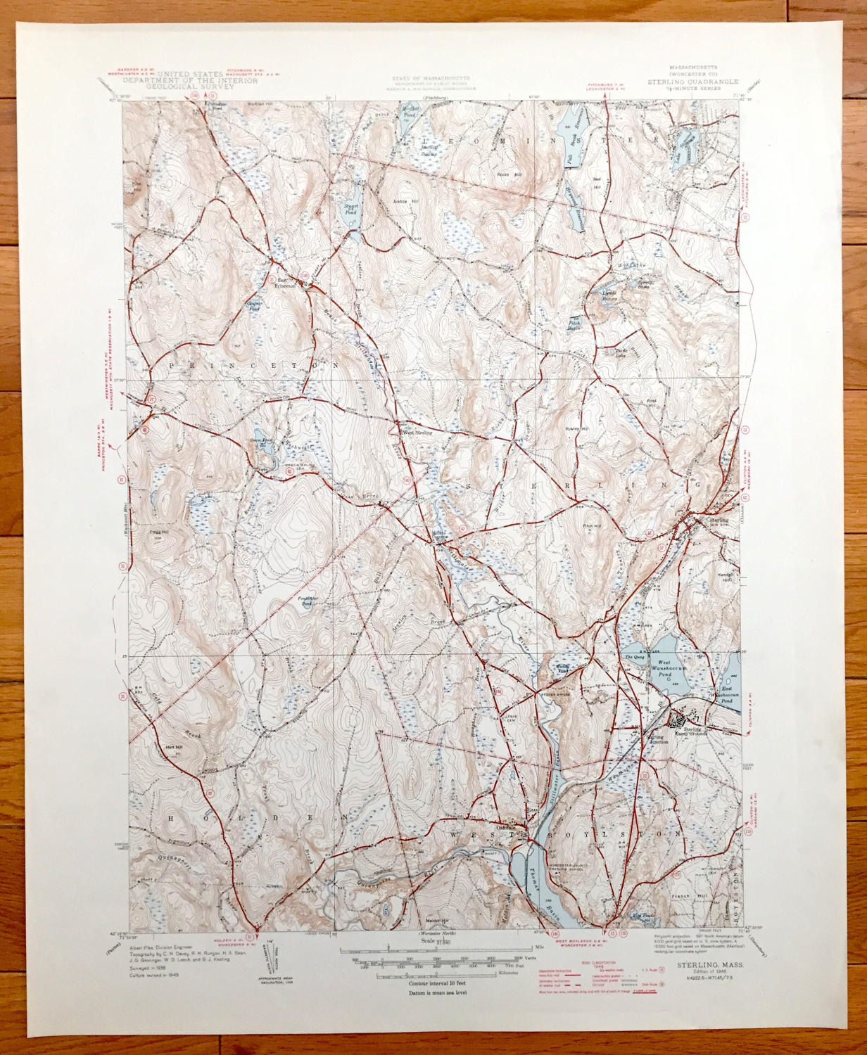 Antique Sterling, Massachusetts 1946 US Geological Survey Topographic Map – Worcester County, Princeton, Leominster, West Boylston Holden MA