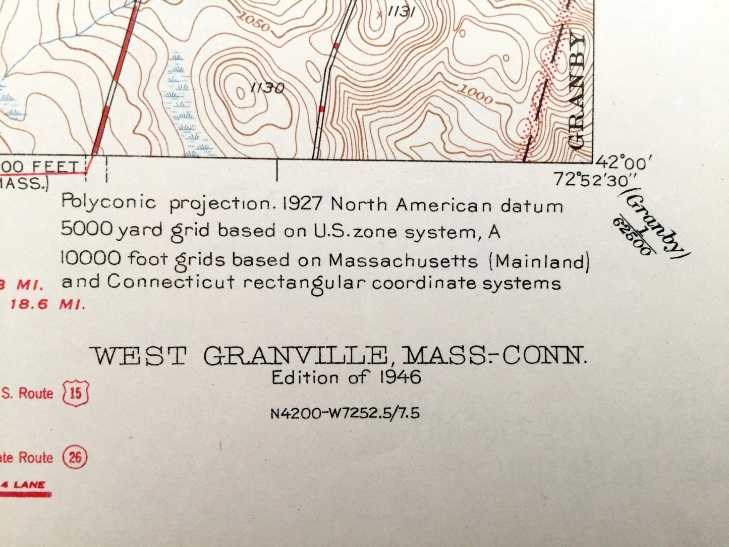 Antique West Granville, Massachusetts & Hartland, Connecticut 1946 US Geological Survey Topographic Map – Tolland, Russell, North Hollow