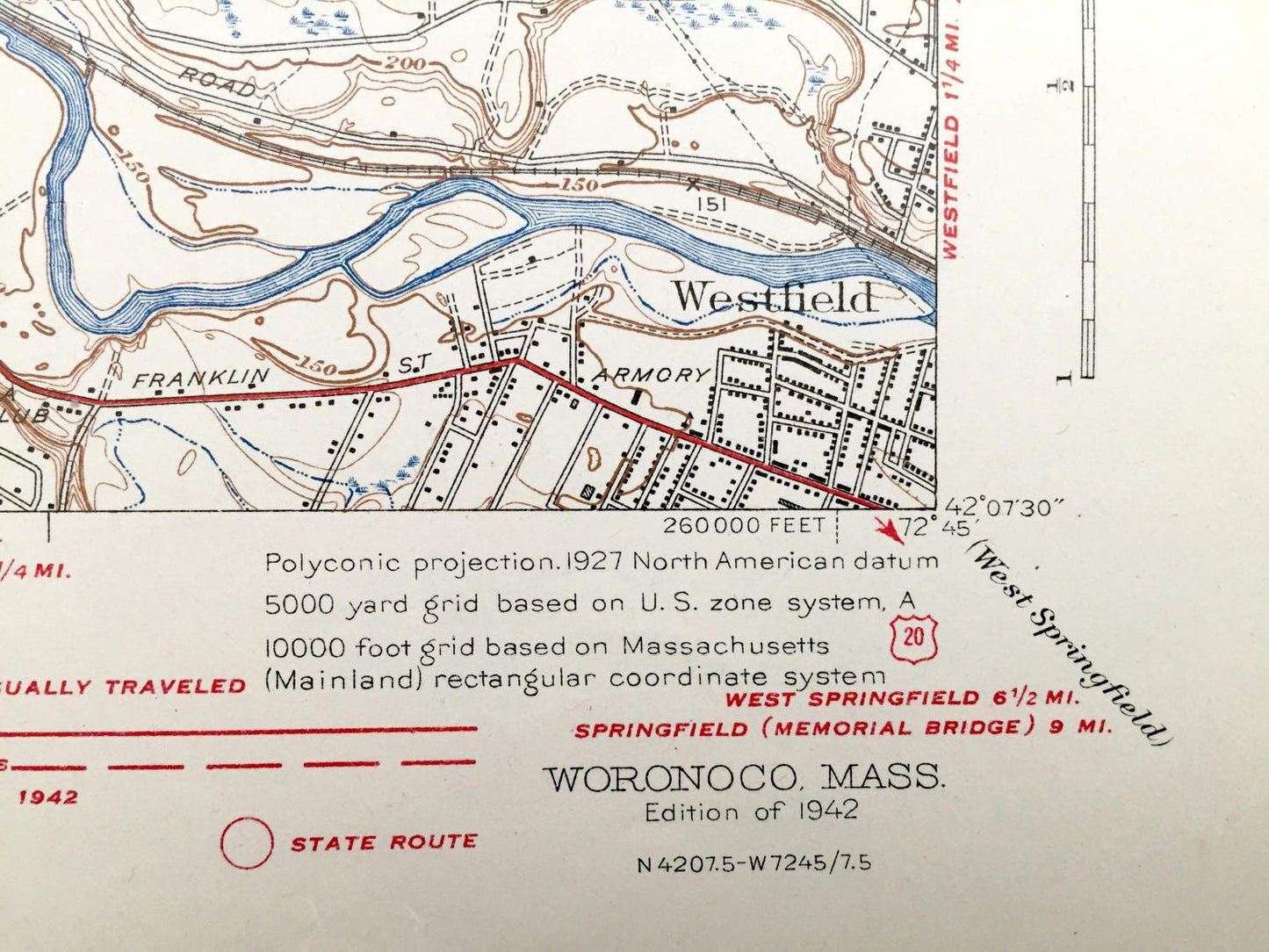 Antique Woronoco, Massachusetts 1942 US Geological Survey Topographic Map – Montgomery, Southampton, Huntington, Russell, Westfield