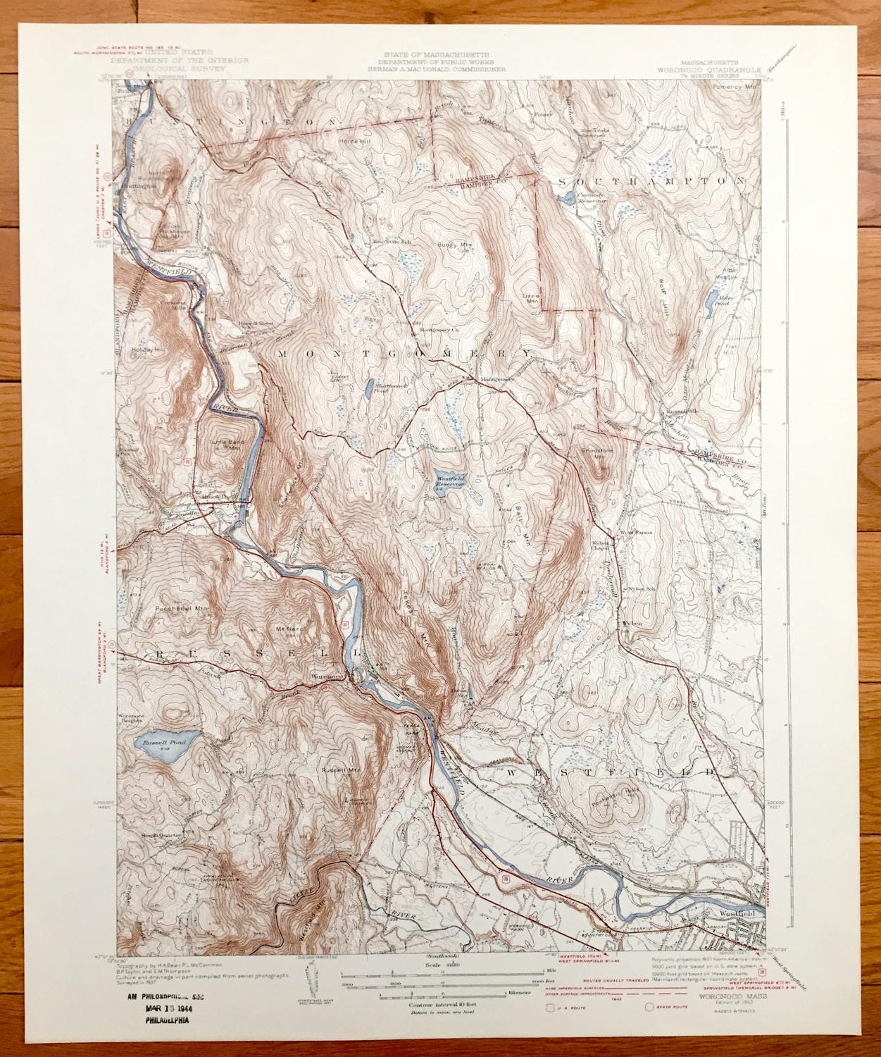 Antique Woronoco, Massachusetts 1942 US Geological Survey Topographic Map – Montgomery, Southampton, Huntington, Russell, Westfield