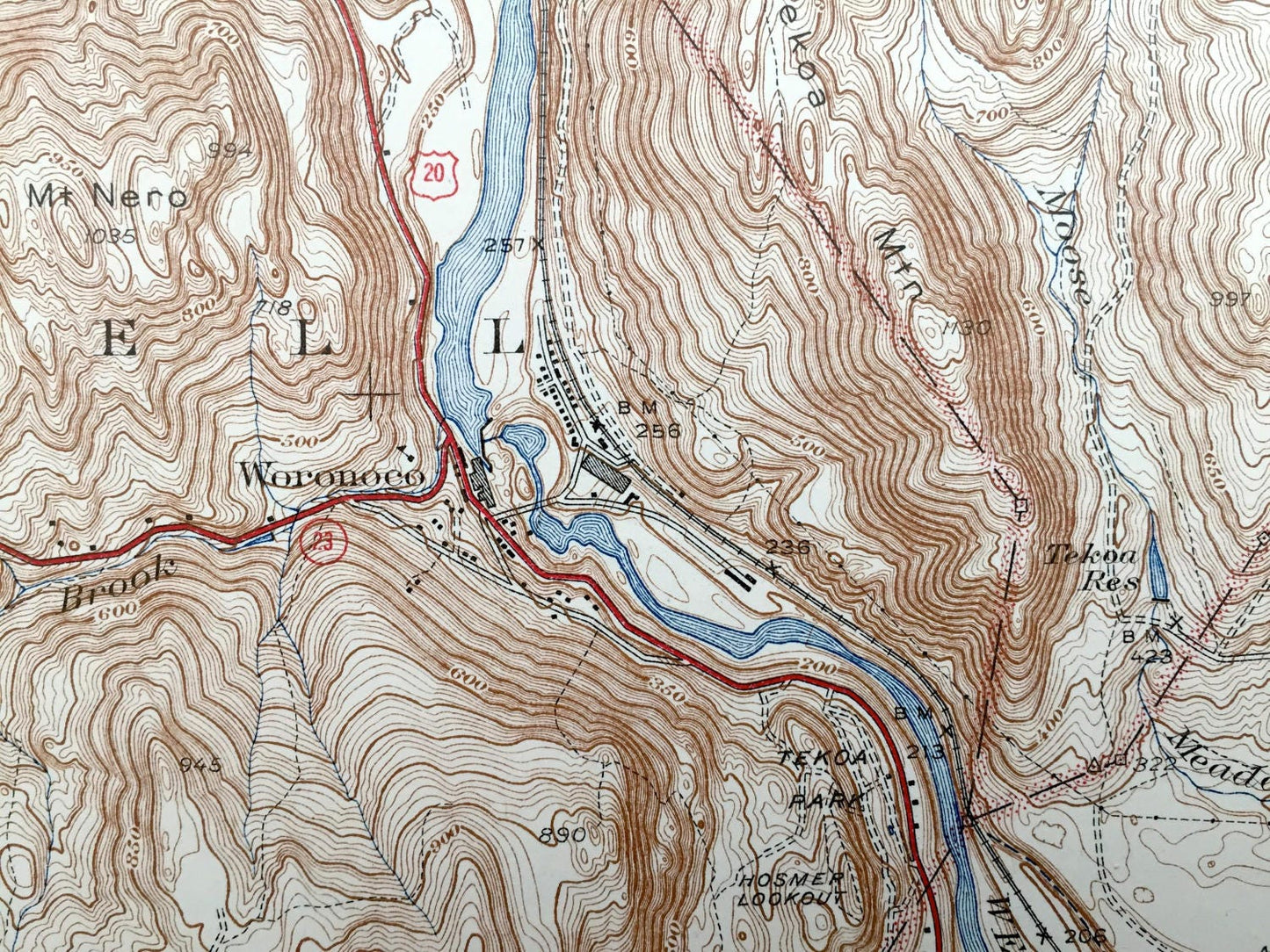 Antique Woronoco, Massachusetts 1942 US Geological Survey Topographic Map – Montgomery, Southampton, Huntington, Russell, Westfield
