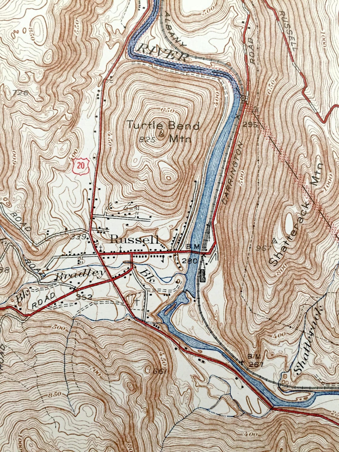 Antique Woronoco, Massachusetts 1942 US Geological Survey Topographic Map – Montgomery, Southampton, Huntington, Russell, Westfield