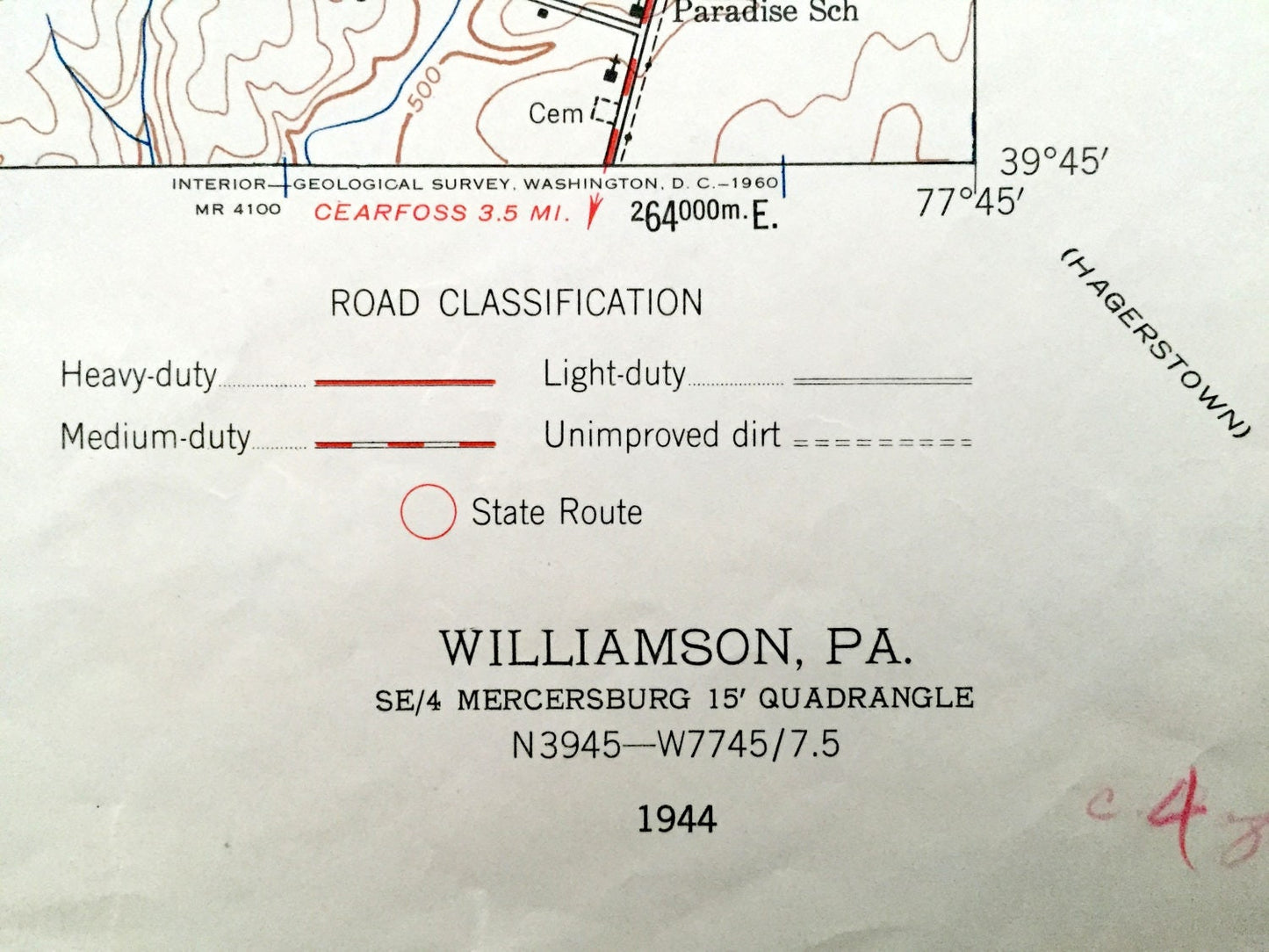 Antique Williamson, Pennsylvania 1944 US Geological Survey Topographic Map – Montgomery, Antrim, Peters, St Thomas, Hamilton, Lemasters