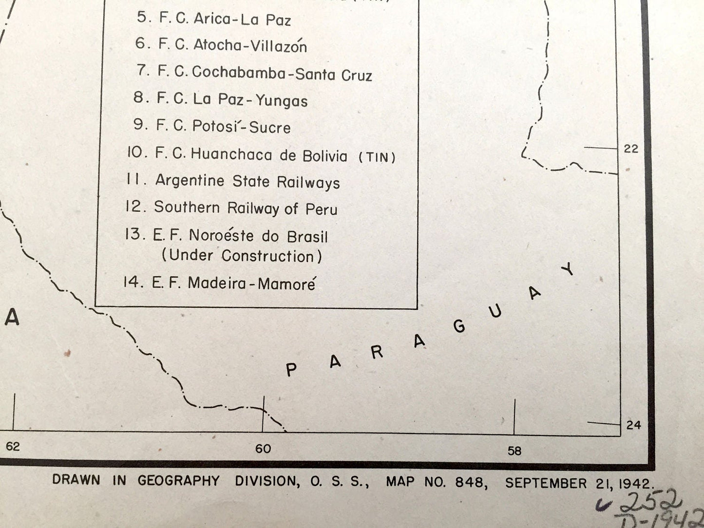 Antique Bolivia 1942 Railroads Map – US Board of Economic Warfare – Antofagasta, Villazon, Huanchaca, Uncia, Lake Poopo, Lake Titicaca