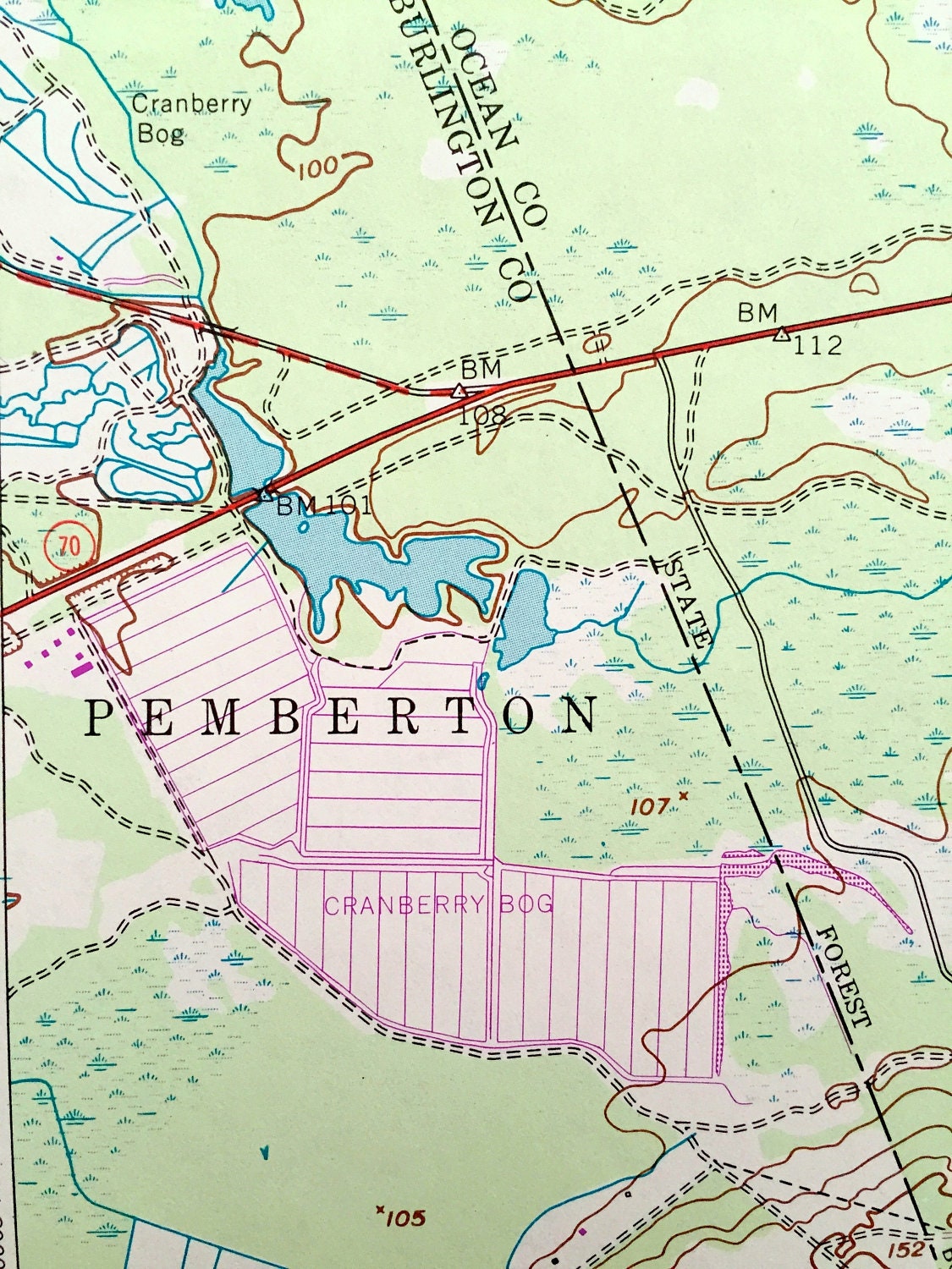 Antique Whiting, New Jersey 1957 US Geological Survey Topographic Map – Plumstead, Pemberton, Woodland, Fort Dix, Manchester, Wheatland, NJ