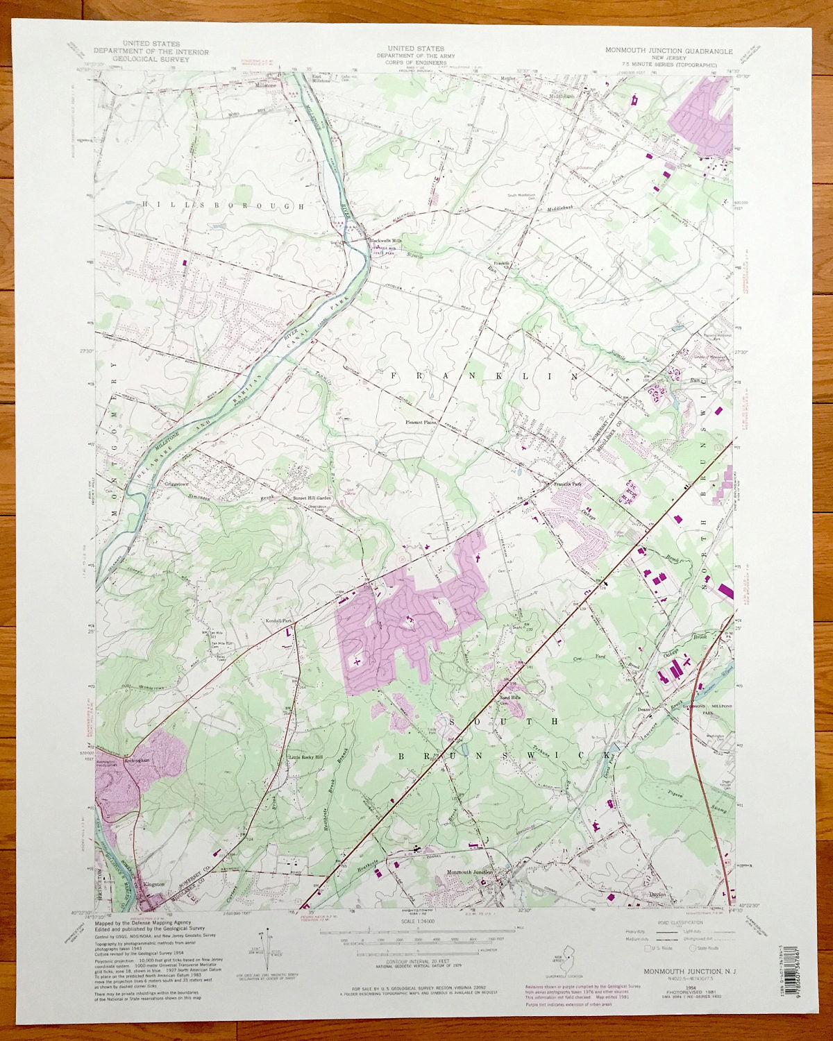 Antique Monmouth Junction, New Jersey 1954 US Geological Survey Topographic Map – Hillsborough, Blackwells Mills, Brunswick, Middlebush, NJ