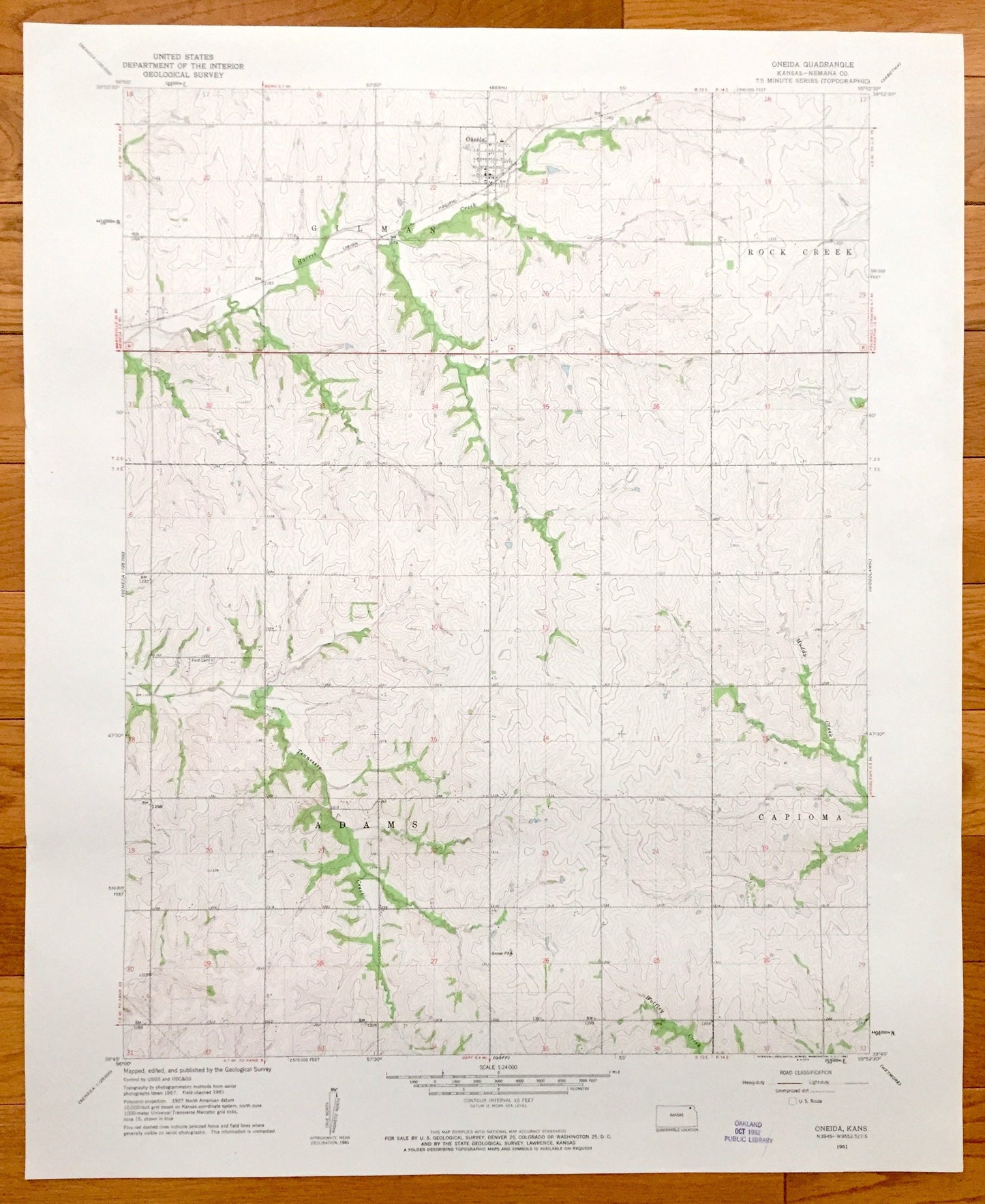 Antique Oneida, Kansas 1961 US Geological Survey Topographic Map – Gilman, Rock Creek, Adams, Capioma, Nemaha County