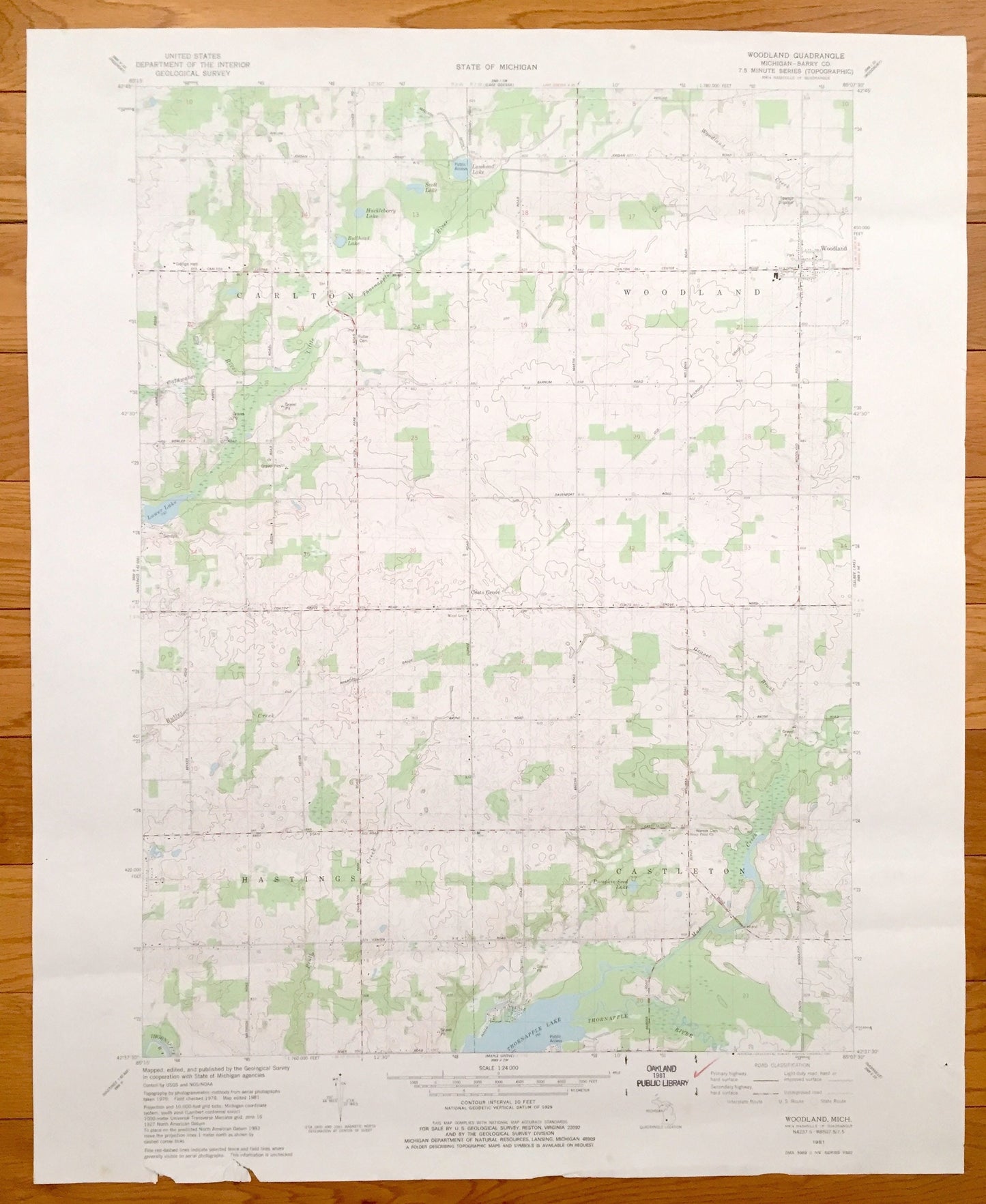 Antique Woodland, Michigan, 1981 US Geological Survey Topographic Map – Barry County, Castleton, Hastings, Carlton, Thornapple Lake, MI