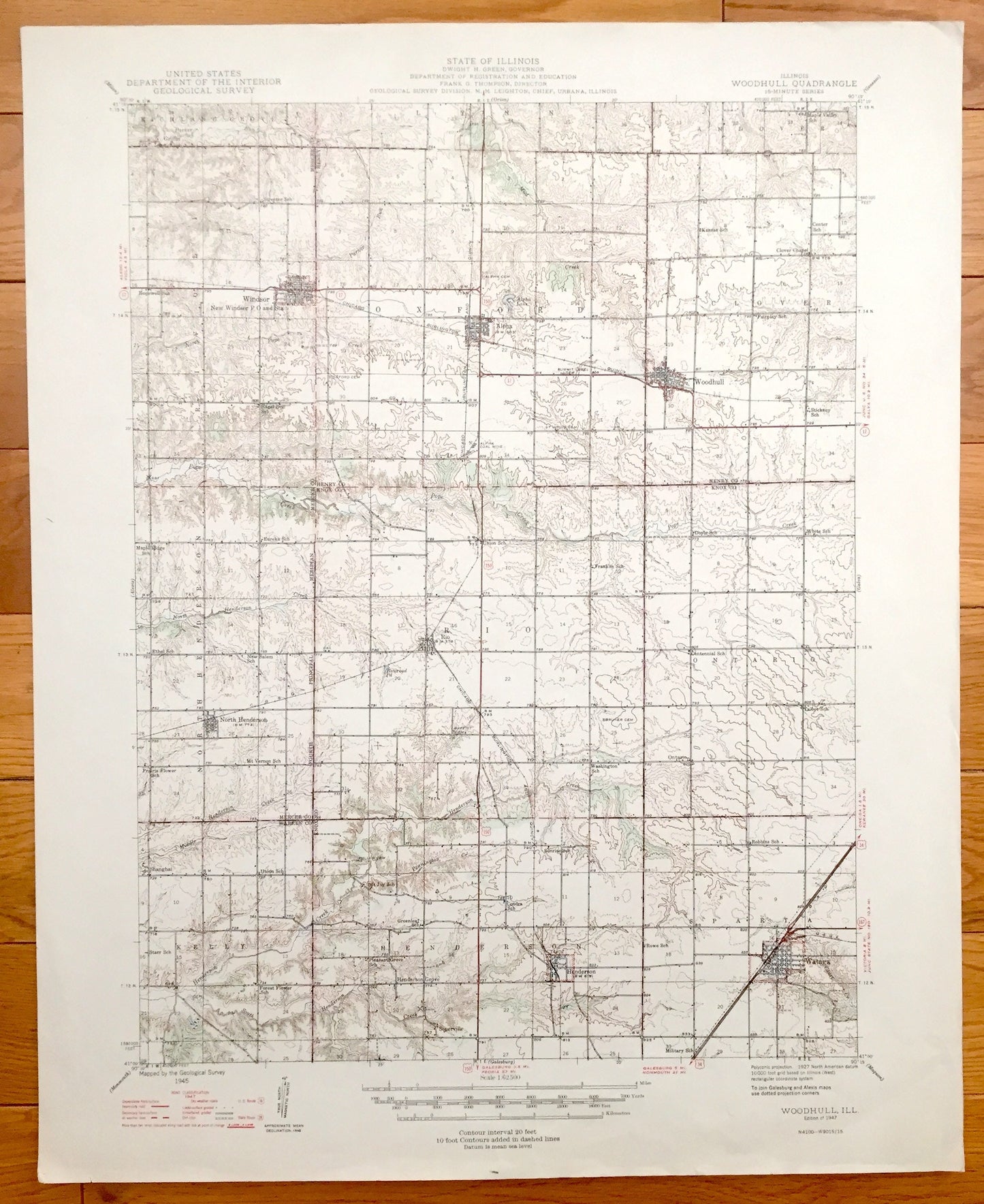 Antique Woodhull, Illinois 1947 US Geological Survey Topographic Map – Windsor, Alpha, North Henderson, Rio, Watarga, Oxford, Ontario, Kelly