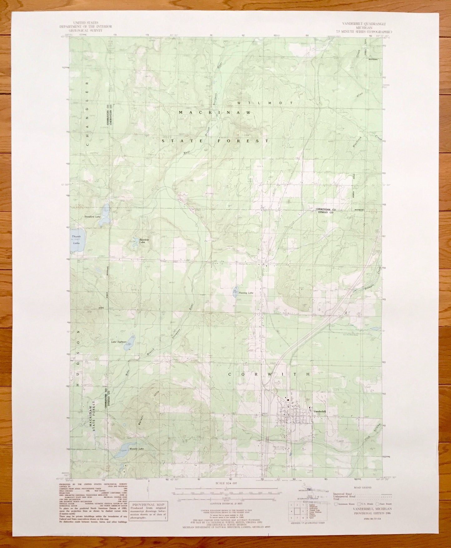 Antique Vanderbilt, Michigan 1986 US Geological Survey Topographic Map – Corwith, Wilmot, Chandler, Hudson, Cheboygan County, Otsego County