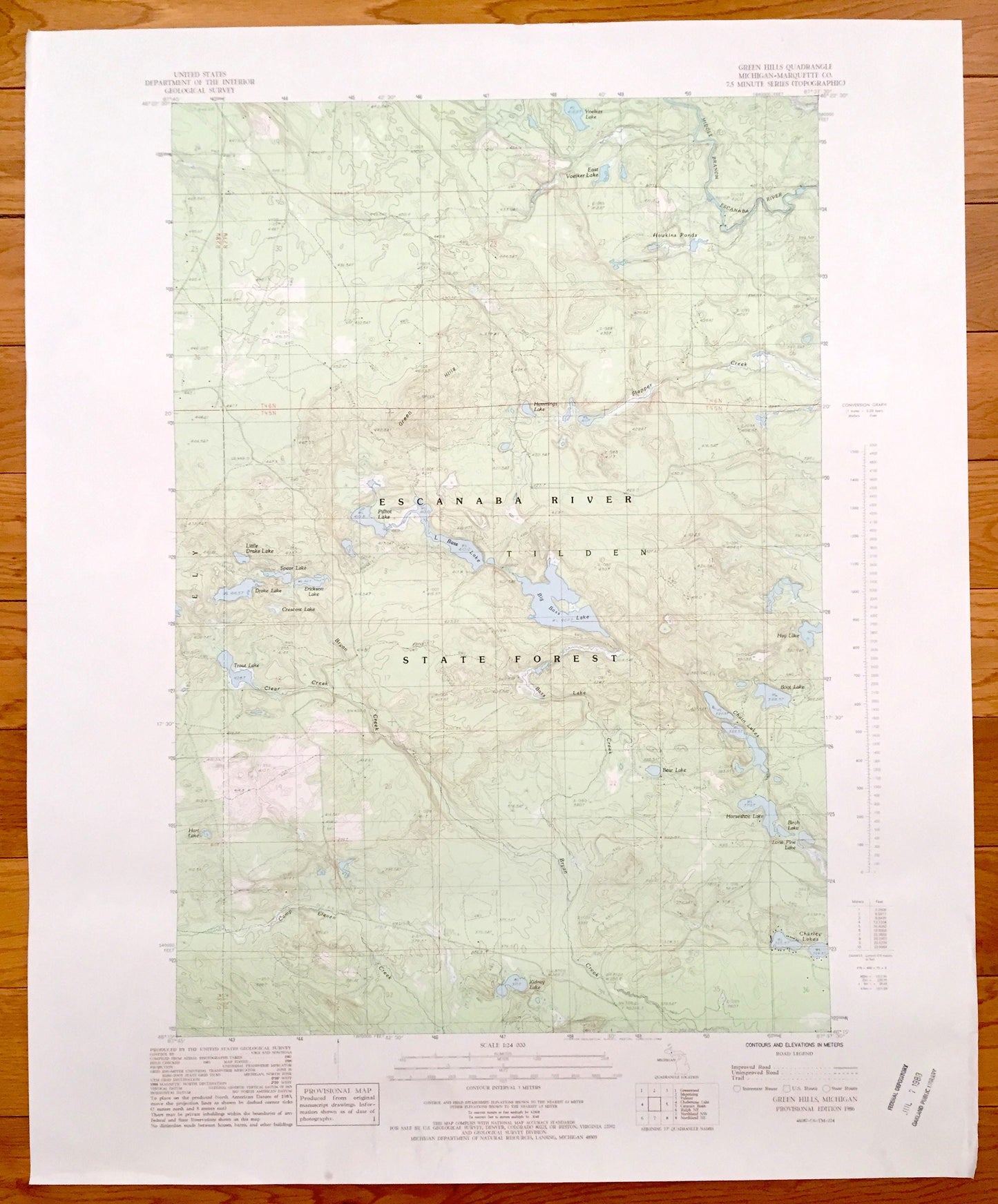 Antique Green Hills, Michigan 1986 US Geological Survey Topographic Map – Escanaba River State Forest, Tilden, Marquette County, Drake Lake