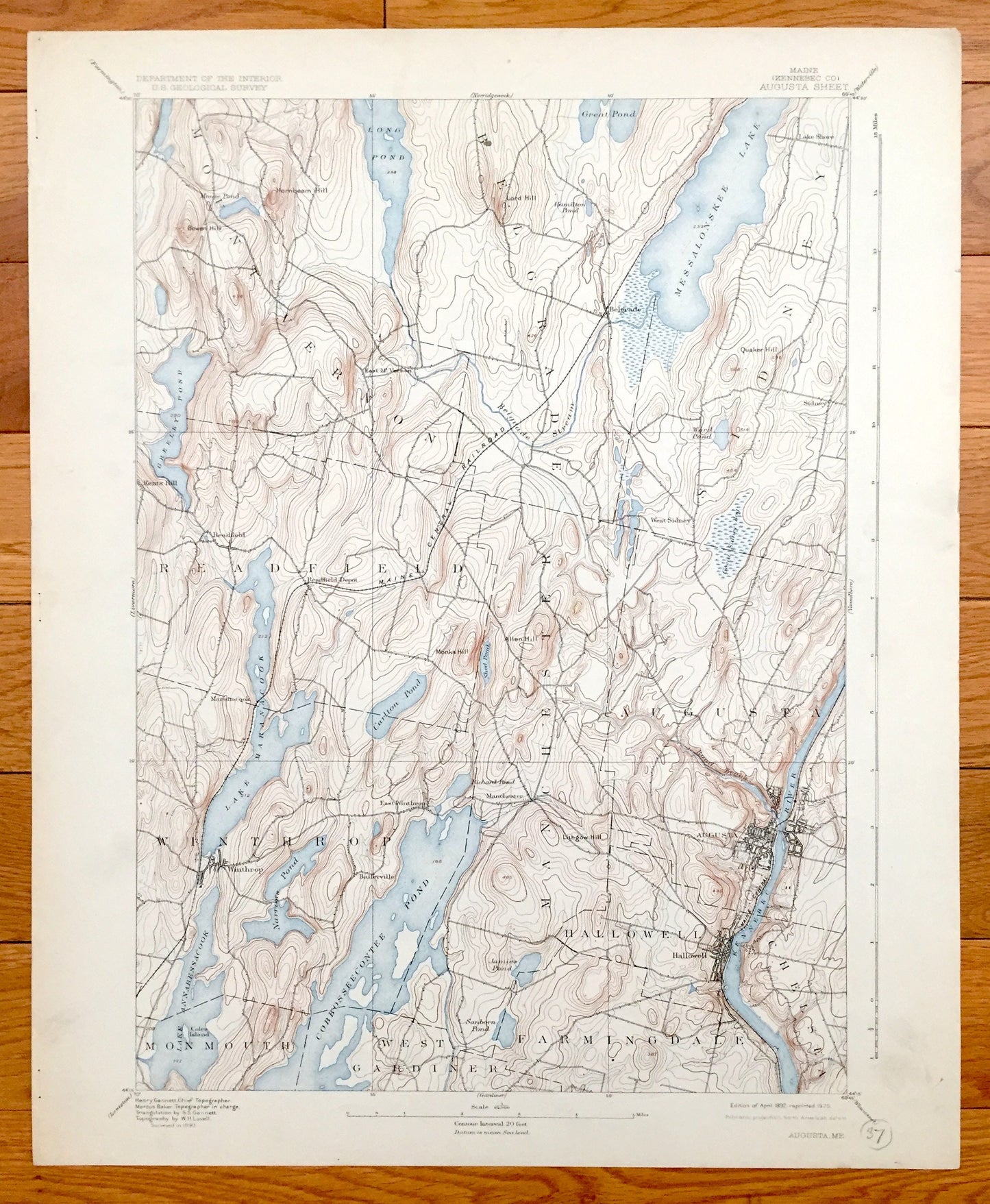 Antique Augusta, Maine 1892 US Geological Survey Topographic Map – Hallowell, Winthrop, Farmington Belgrade Sidney Readfield Mount Vernon ME