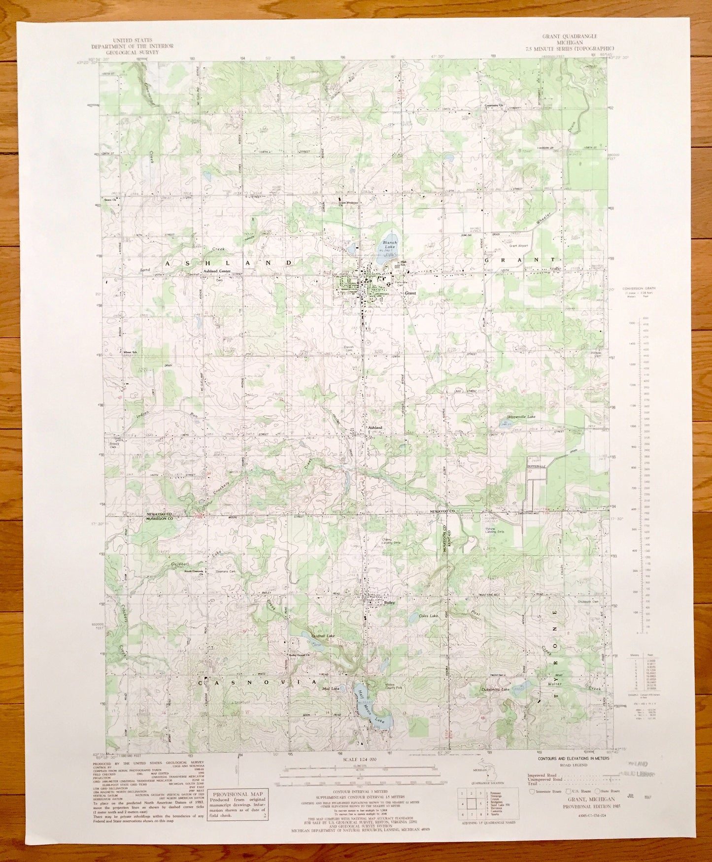 Antique Grant, Michigan 1985 US Geological Survey Topographic Map – Ashland, Casnovia, Tyrone, Bailey, Half Moon Lake Blanch Moore County MI