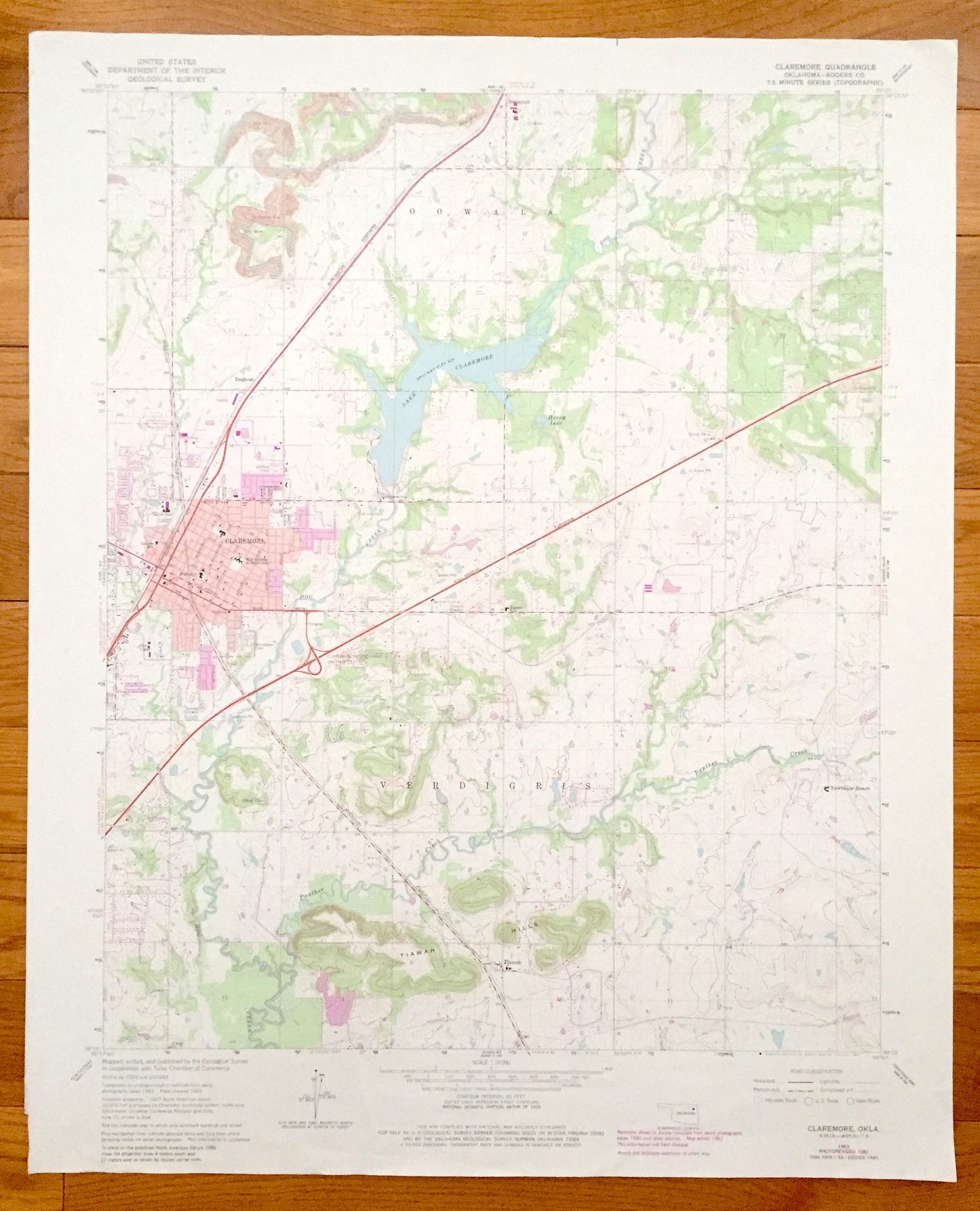 Antique Claremore, Oklahoma 1963 US Geological Survey Topographic Map – Oowala, Verdigris, Degroat, Sequoyah, Rogers County, Lake Claremore
