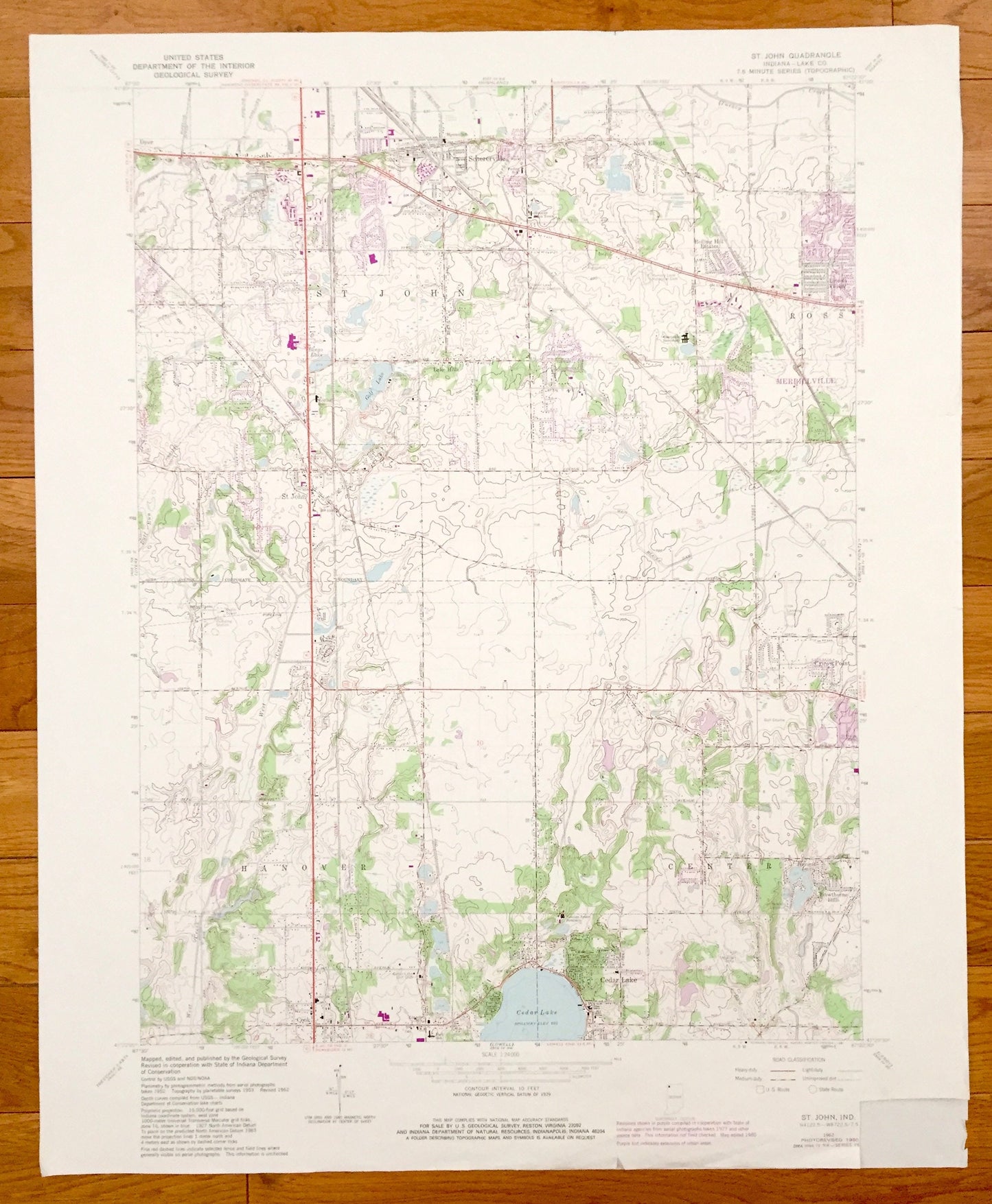 Antique St. John, Indiana 1962 US Geological Survey Topographic Map – Ross, Hanover, Center, Cedar Lake, Schererville, Cook, Lake County