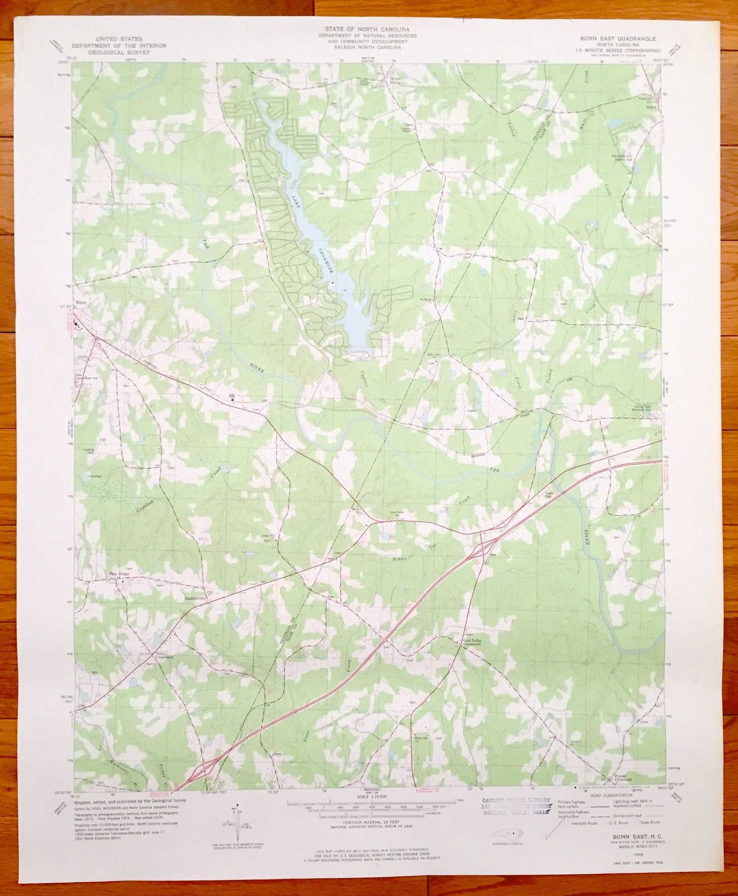 Antique Bunn, North Carolina 1978 US Geological Survey Topographic Map – Franklin, Nash County, Seven Paths, Daddysville, Lake Sagamore, NC