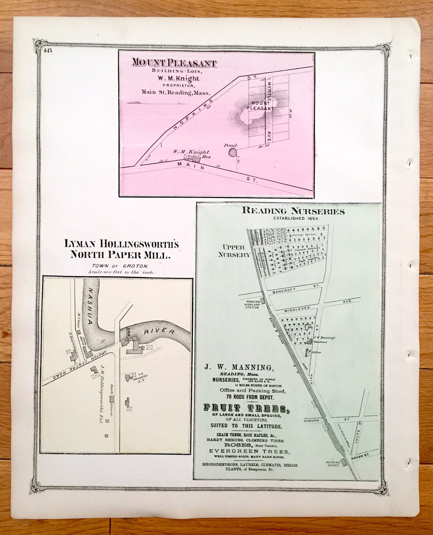 Antique 1875 Bedford, Massachusetts Map from J.B. Beers Atlas of Middlesex County – Mount Pleasant, Groton, Reading, Nashua River, MA