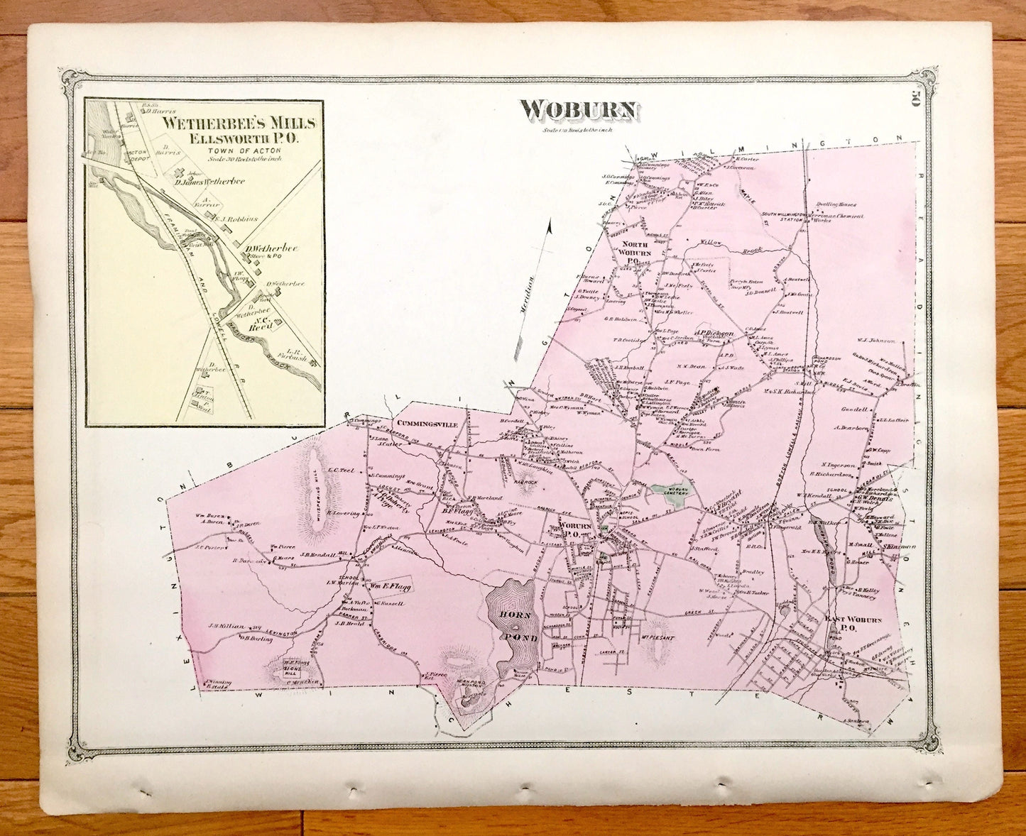 Antique 1875 Woburn & Burlington, Massachusetts Map from J.B. Beers Atlas of Middlesex County – Cummingsville, Havenville, Horn Pond, MA