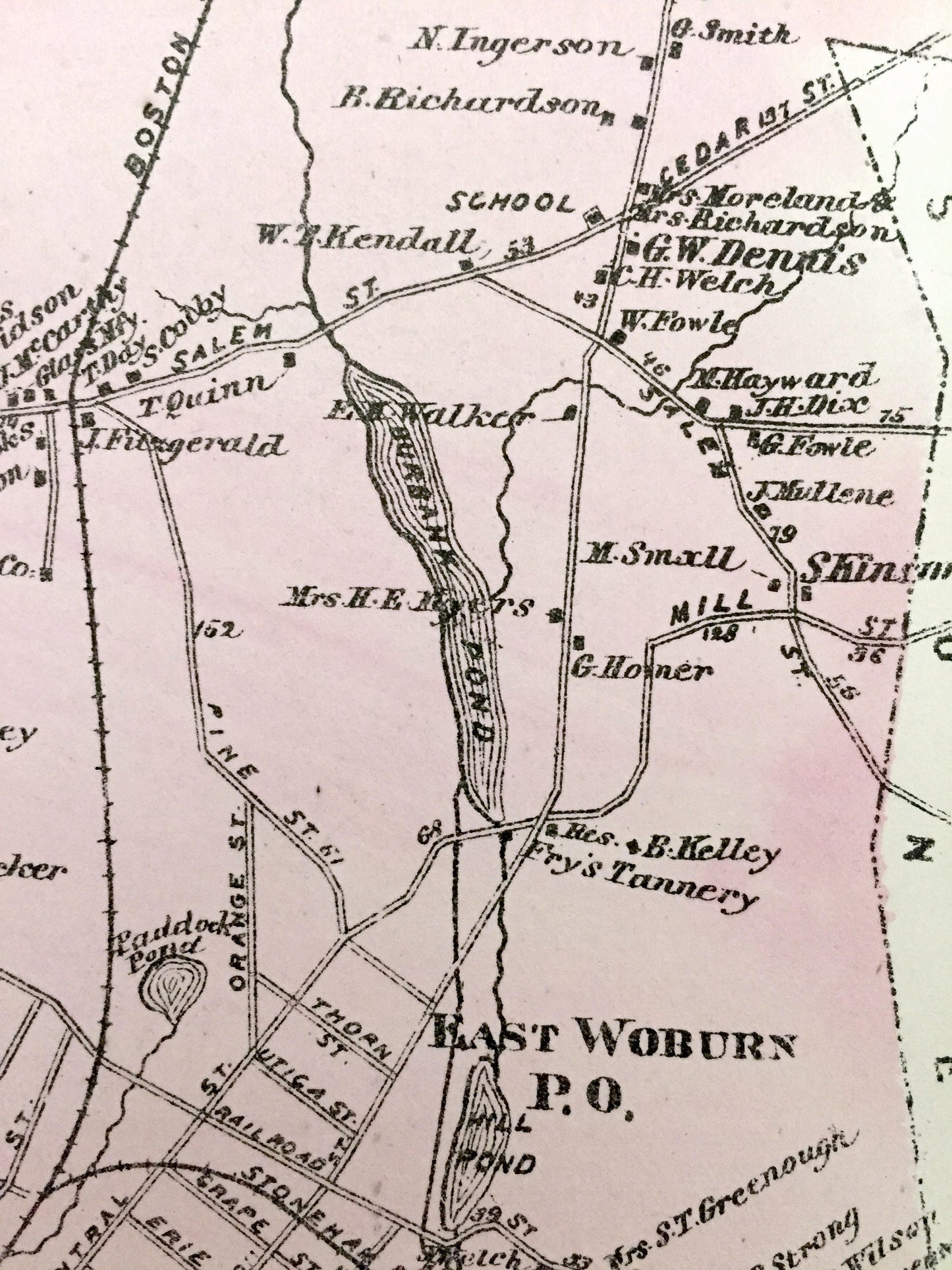 Antique 1875 Woburn & Burlington, Massachusetts Map from J.B. Beers Atlas of Middlesex County – Cummingsville, Havenville, Horn Pond, MA