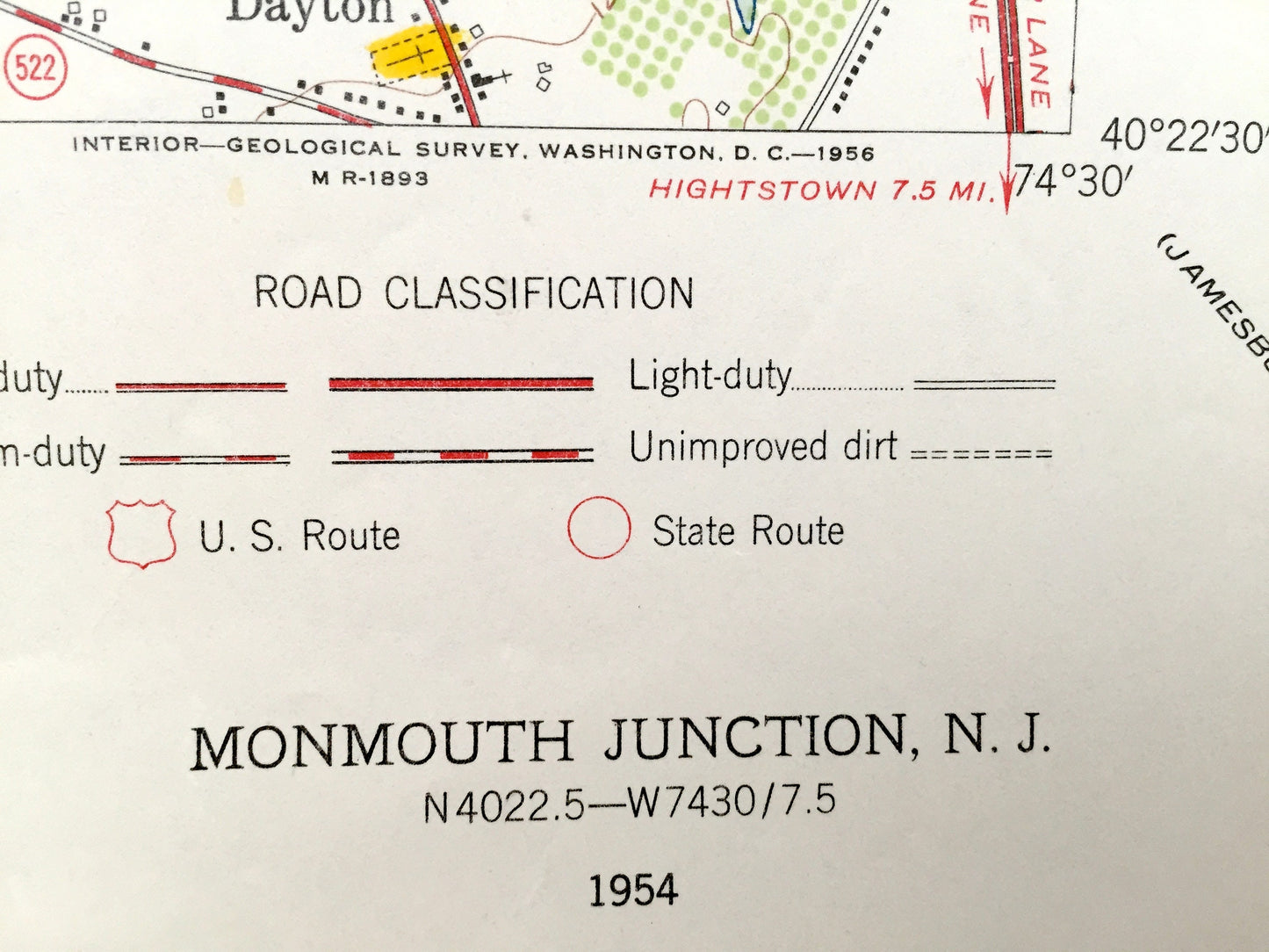 Antique Monmouth Junction, New Jersey 1954 US Geological Survey Topographic Map – Hillsborough, Franklin, South Brunswick, Montgomery, NJ