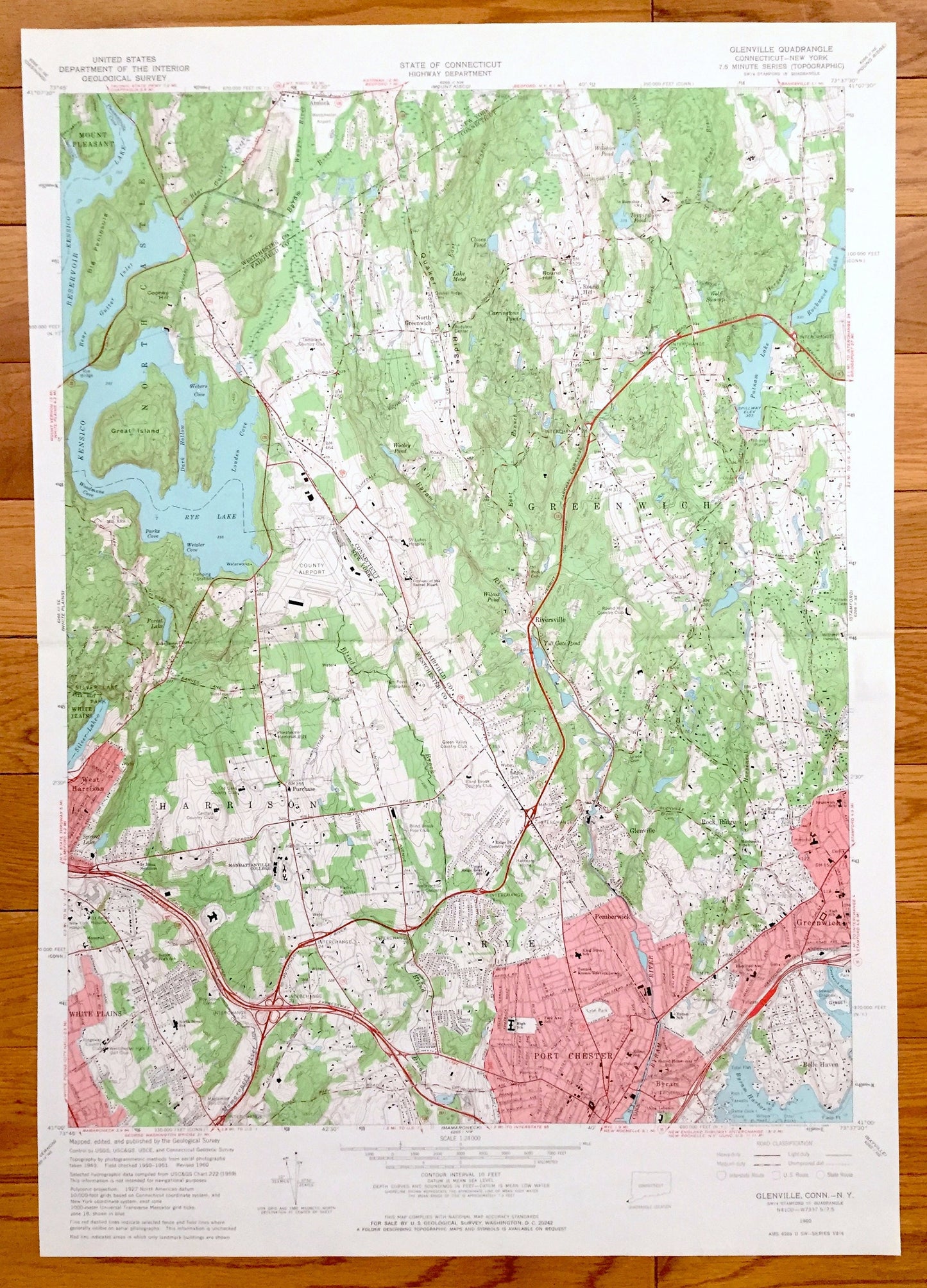 Antique Glenville, Connecticut 1960 US Geological Survey Topographic Map – Greenwich, Mount Pleasant Harrison Purchase Port Chester Byram CT