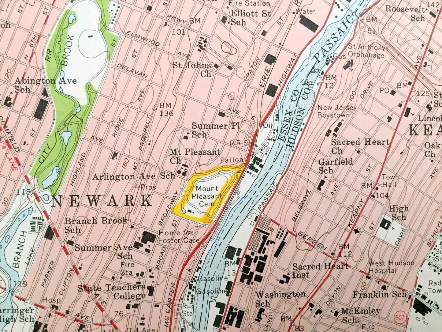 Antique Orange, New Jersey 1955 US Geological Survey Topographic Map – Montclair, Bloomfield, Newark, Passaic, Clifton Cedar Grove Kearny NJ
