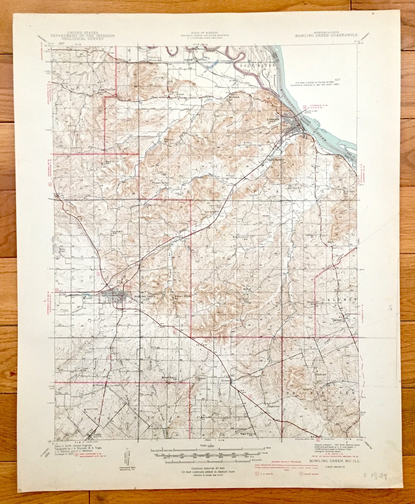 Antique Bowling Green, Missouri 1937 US Geological Survey Topographic Map – Pike County, Louisiana, Peno, Buffalo, Calumet, Ahsley Cuivre MO