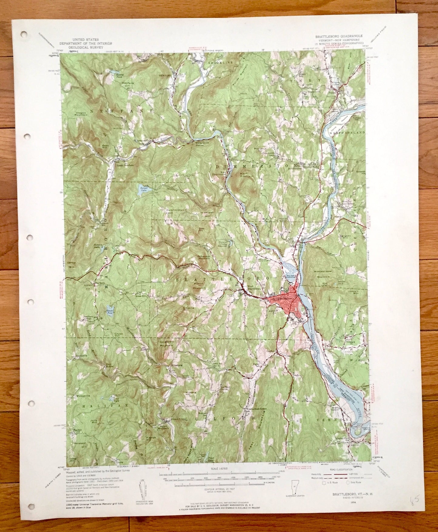 Antique Brattleboro, Vermont 1954 US Geological Survey Topograph Map – Dummerston, Vernon, Newfane, Guilford, Windham, New Hampshire, VT NH