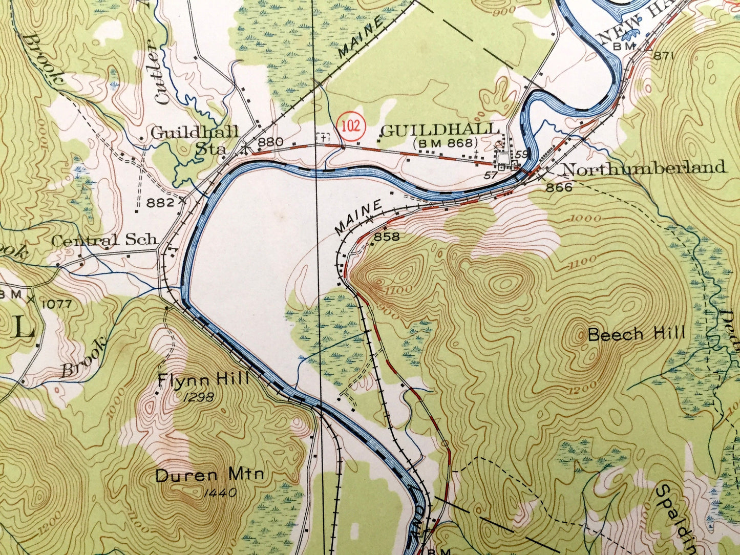 Antique Guildhall, Vermont 1933 US Geological Survey Topographic Map – Stratford, Brunswick Lancaster, Maidstone, Groveton, New Hampshire VT